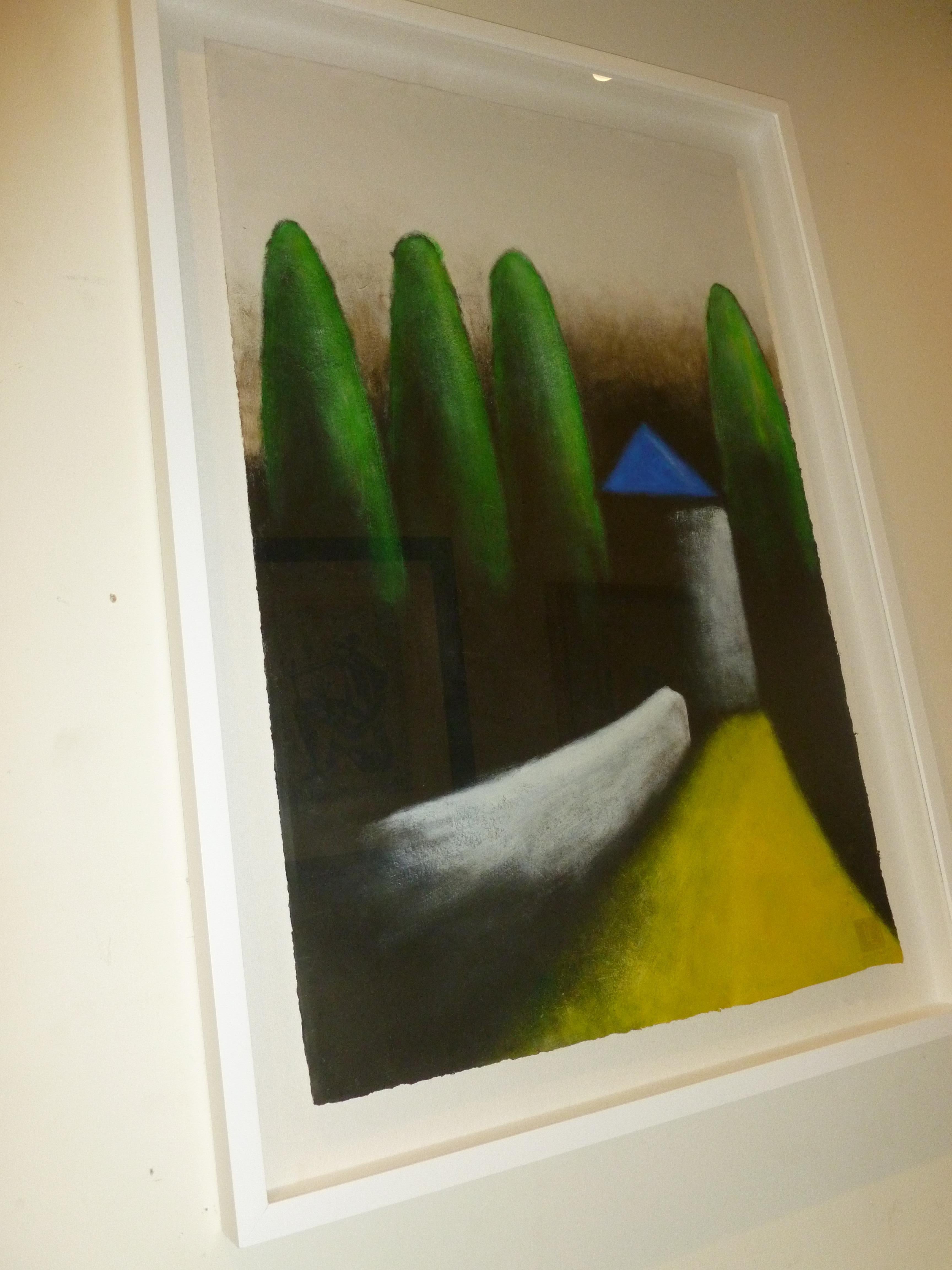 Larry Laslo Green, Grey, Yellow, Black Abstract Landscape on Paper Custom Framed For Sale 5