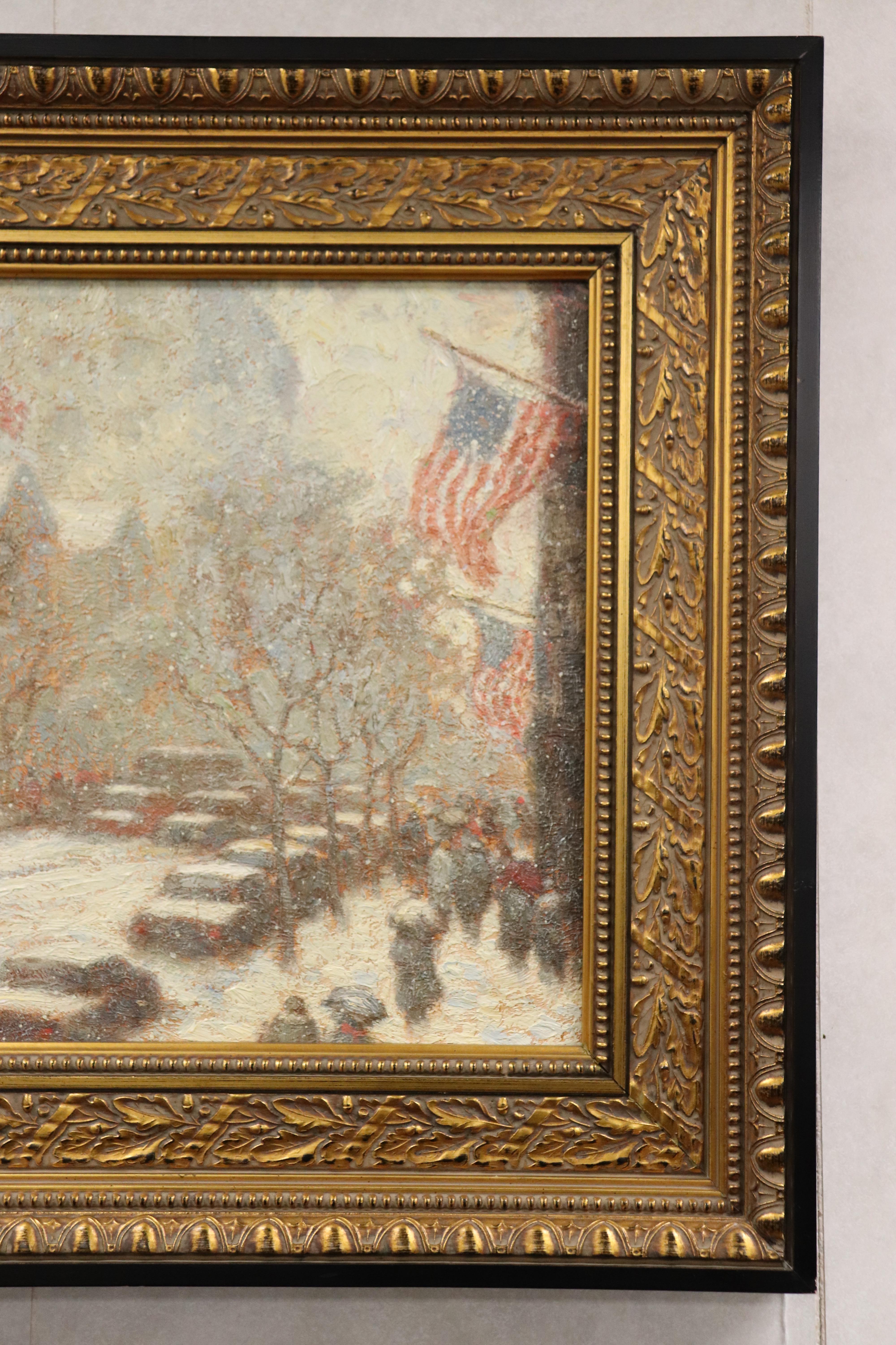 American Classical Signed Laurence A. Campbell Oil on Board Winter Chestnut Street Dated 1994