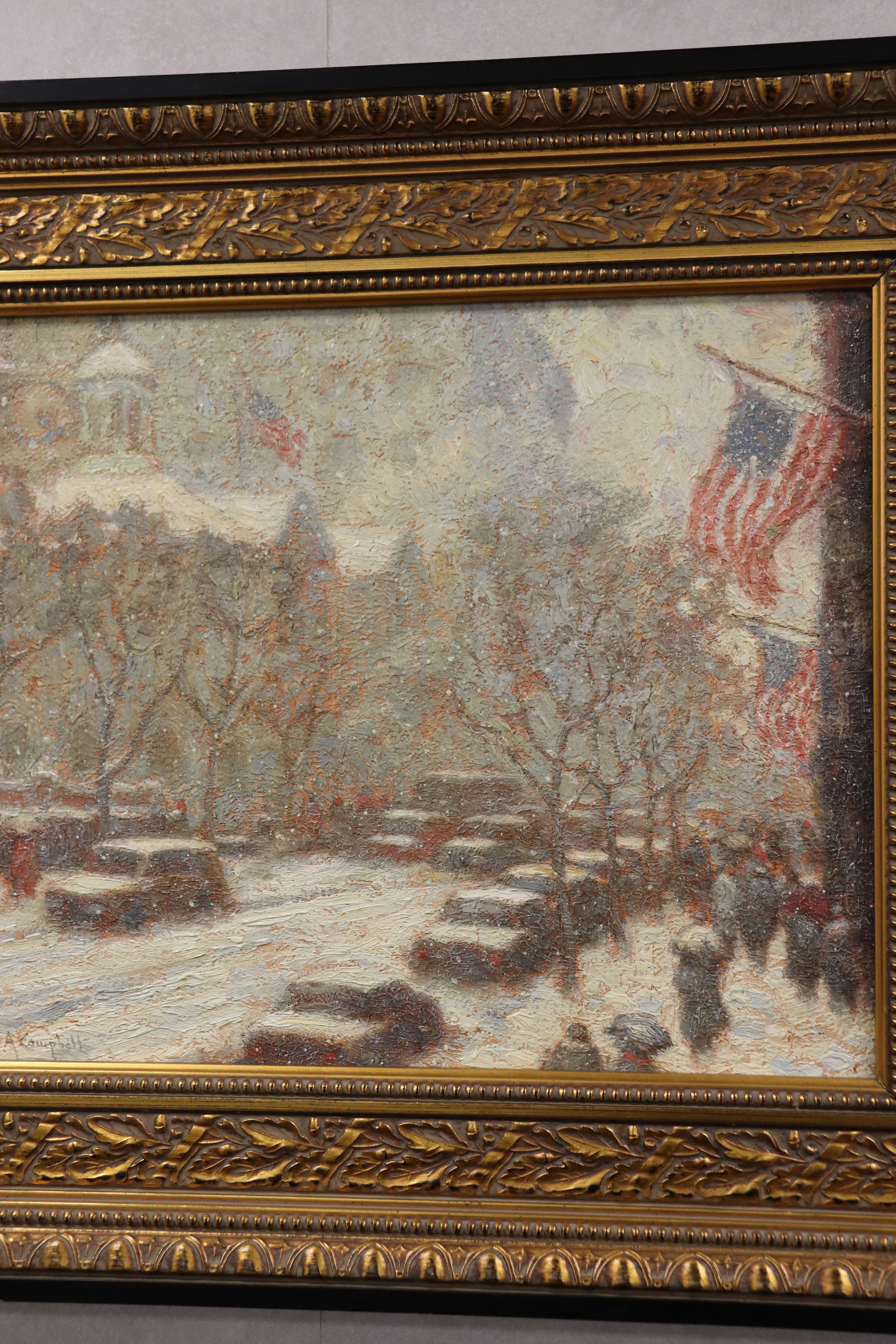 Masonite Signed Laurence A. Campbell Oil on Board Winter Chestnut Street Dated 1994