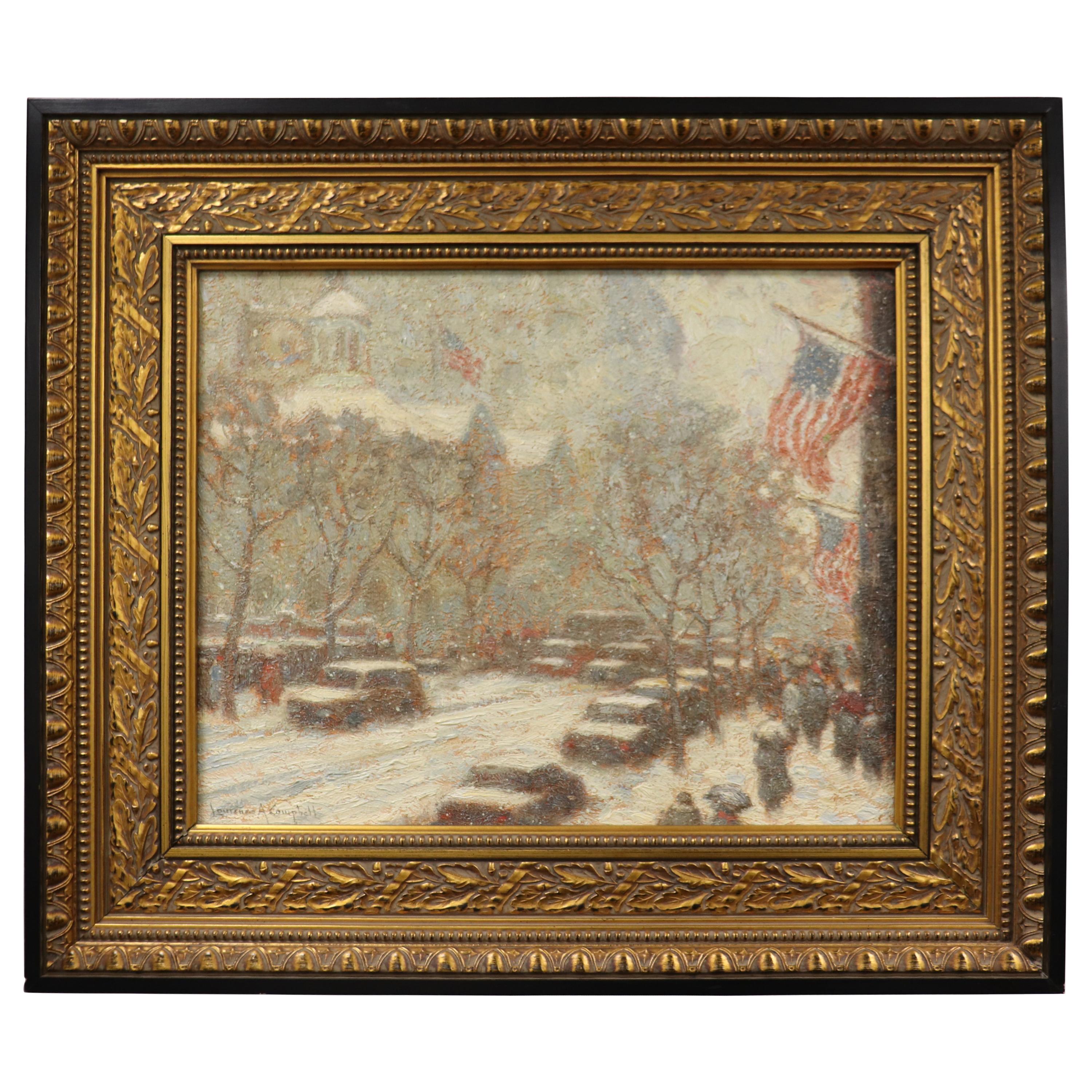 Signed Laurence A. Campbell Oil on Board Winter Chestnut Street Dated 1994