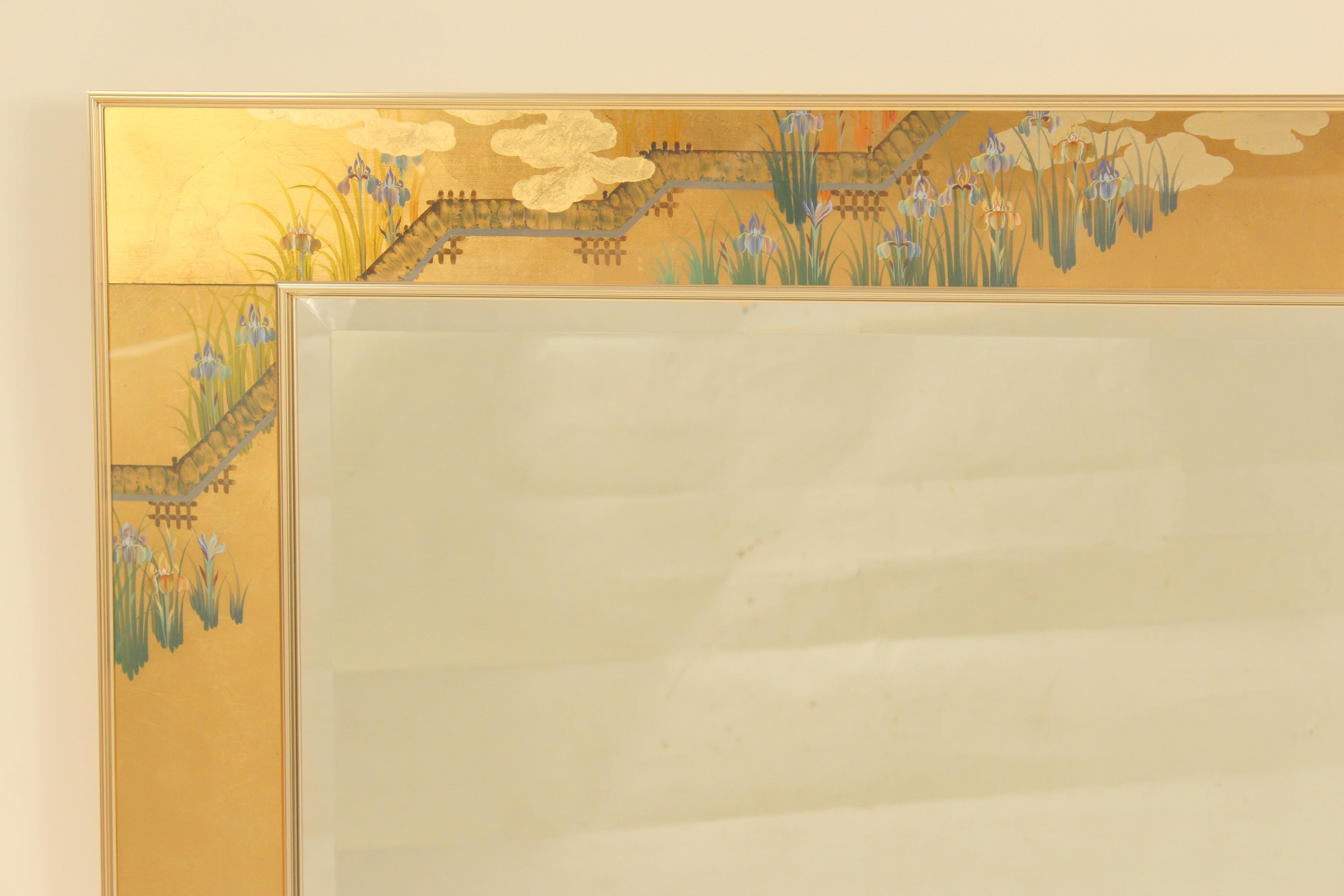 Le Barge chinoiserie style horizontal mirror with eglomise painted glass panels, signed C. Adams, dated 1987. This is a heavy mirror that will require a professional to hang it.