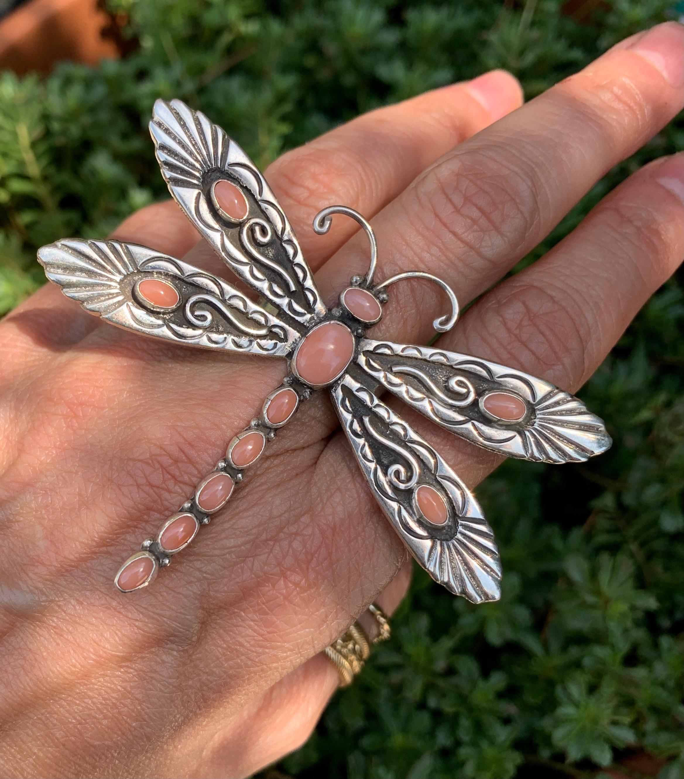 Signed Lee Charley JR Large Navajo Sterling Silver and Coral Dragonfly Ring  For Sale 1