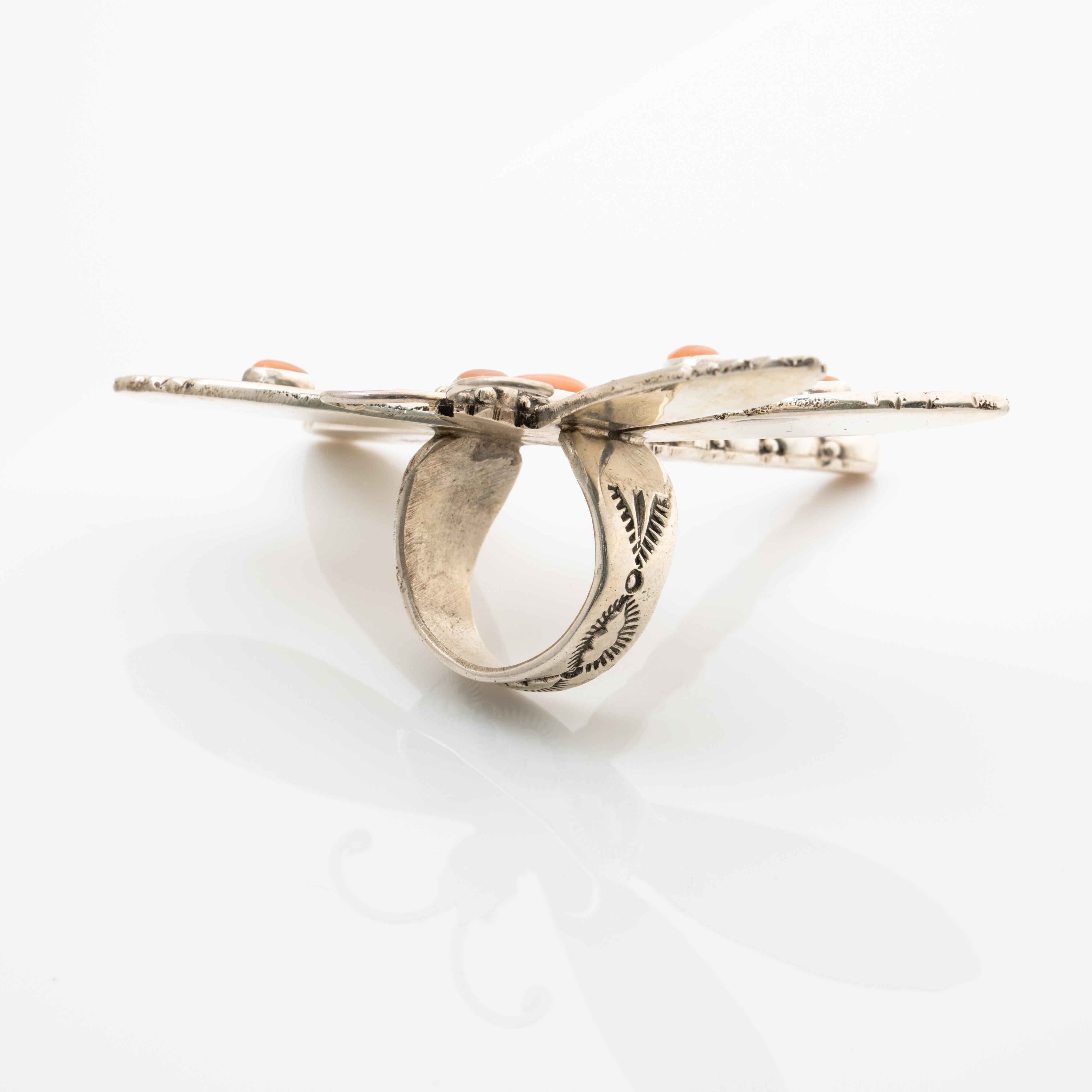 Oval Cut Signed Lee Charley JR Large Navajo Sterling Silver and Coral Dragonfly Ring  For Sale