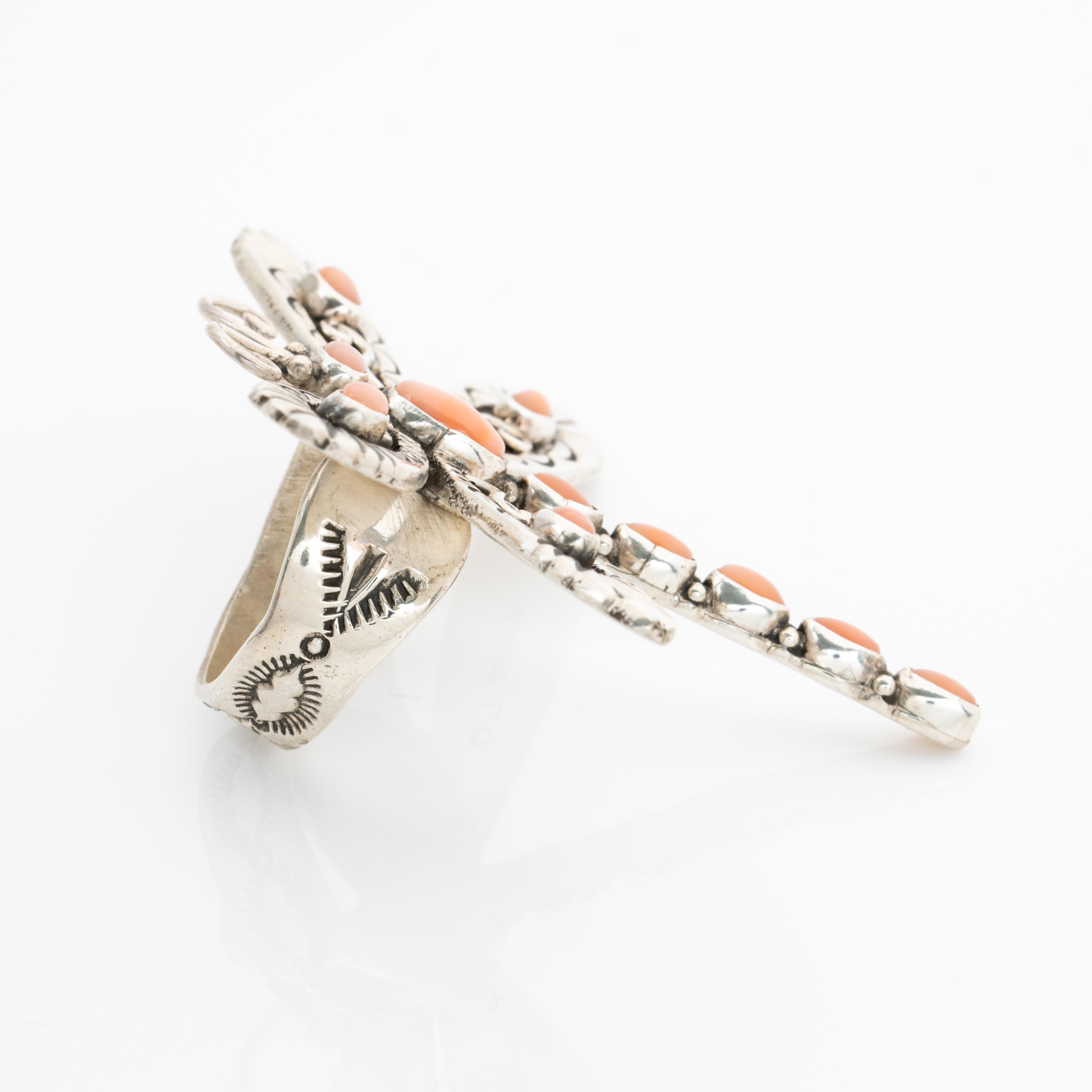 Signed Lee Charley JR Large Navajo Sterling Silver and Coral Dragonfly Ring In Excellent Condition In New York, NY