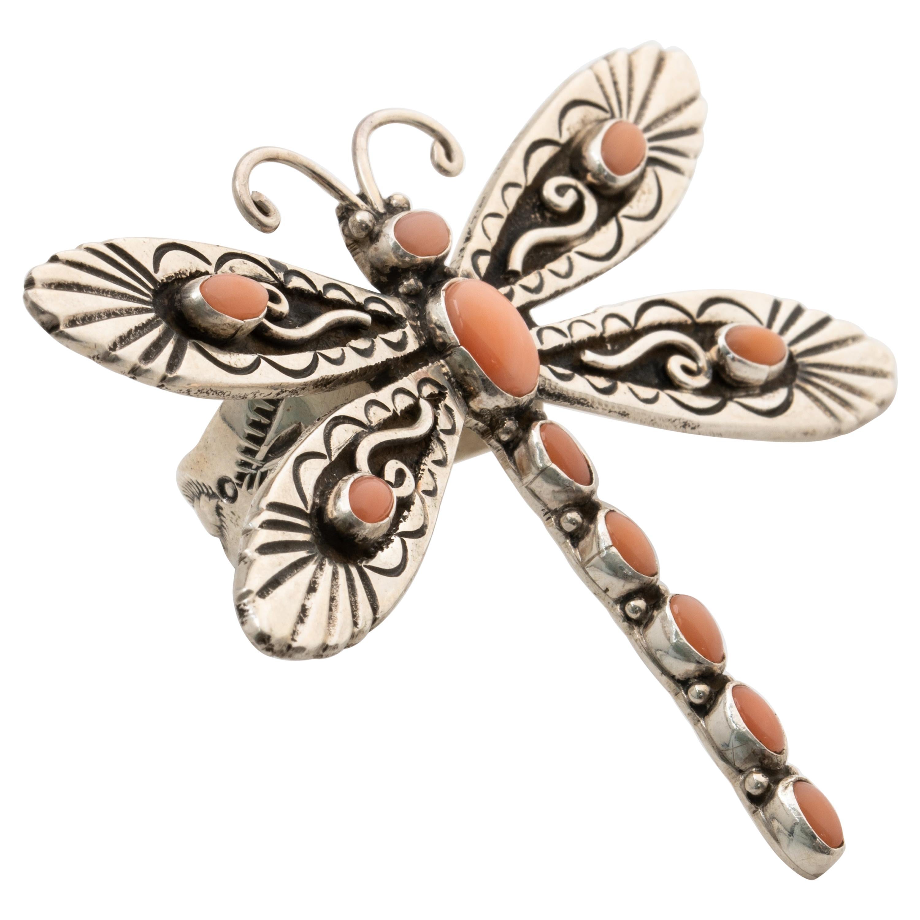 Signed Lee Charley JR Large Navajo Sterling Silver and Coral Dragonfly Ring  For Sale
