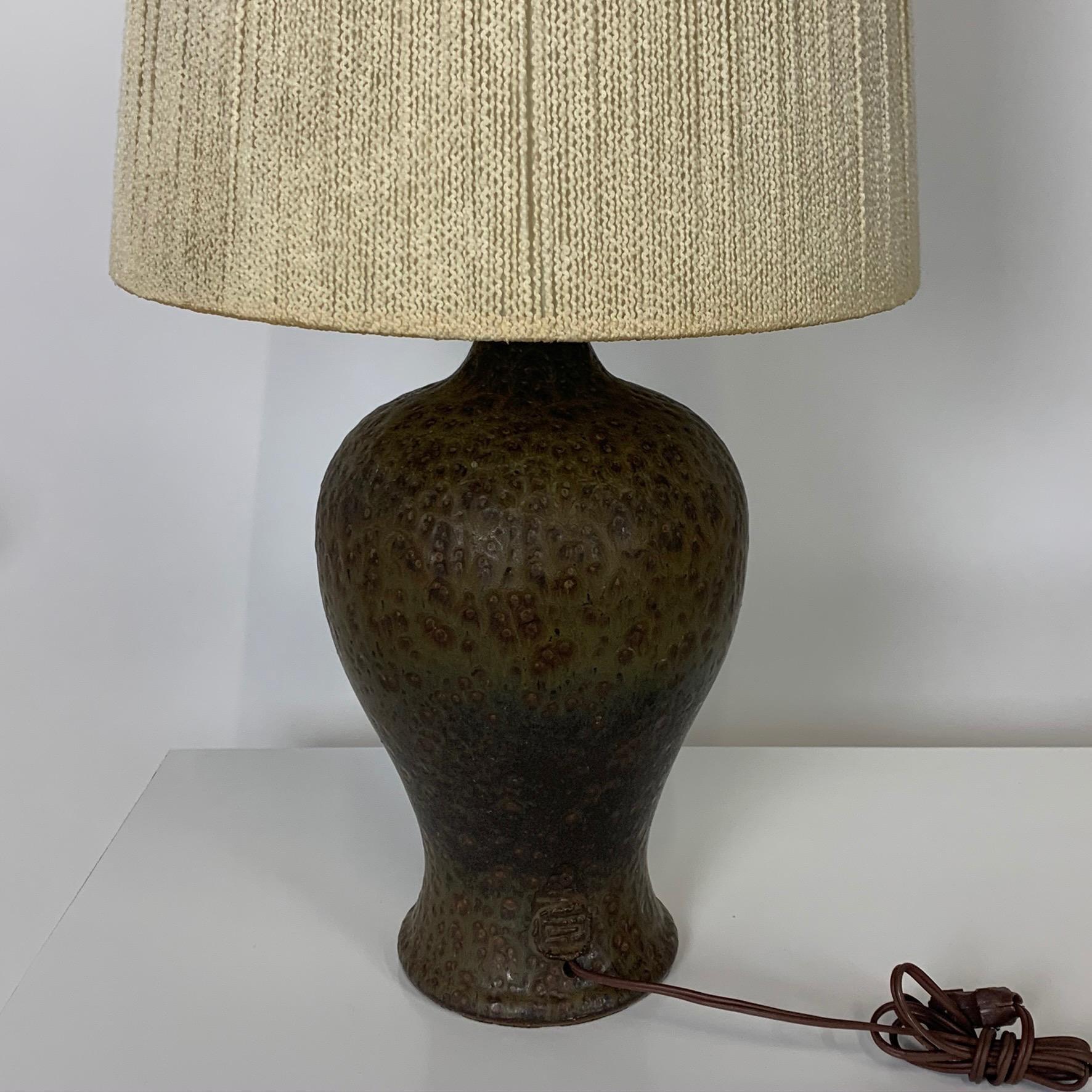 Glazed Signed Lee Rosen Design Technics Textured Glaze Ceramic Lamp w Original Shade For Sale