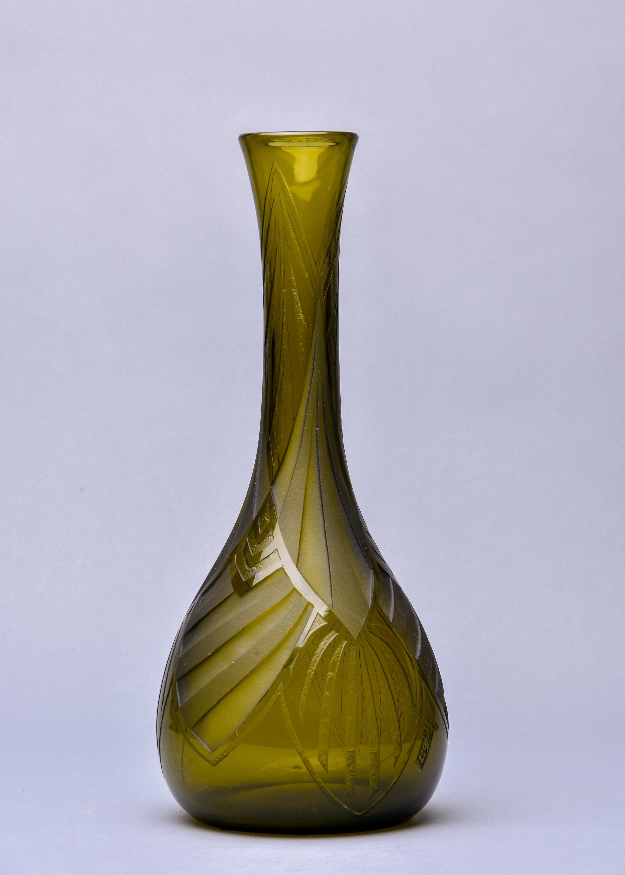 French Signed Legras Acid Engraved Art Deco Glass Vase For Sale