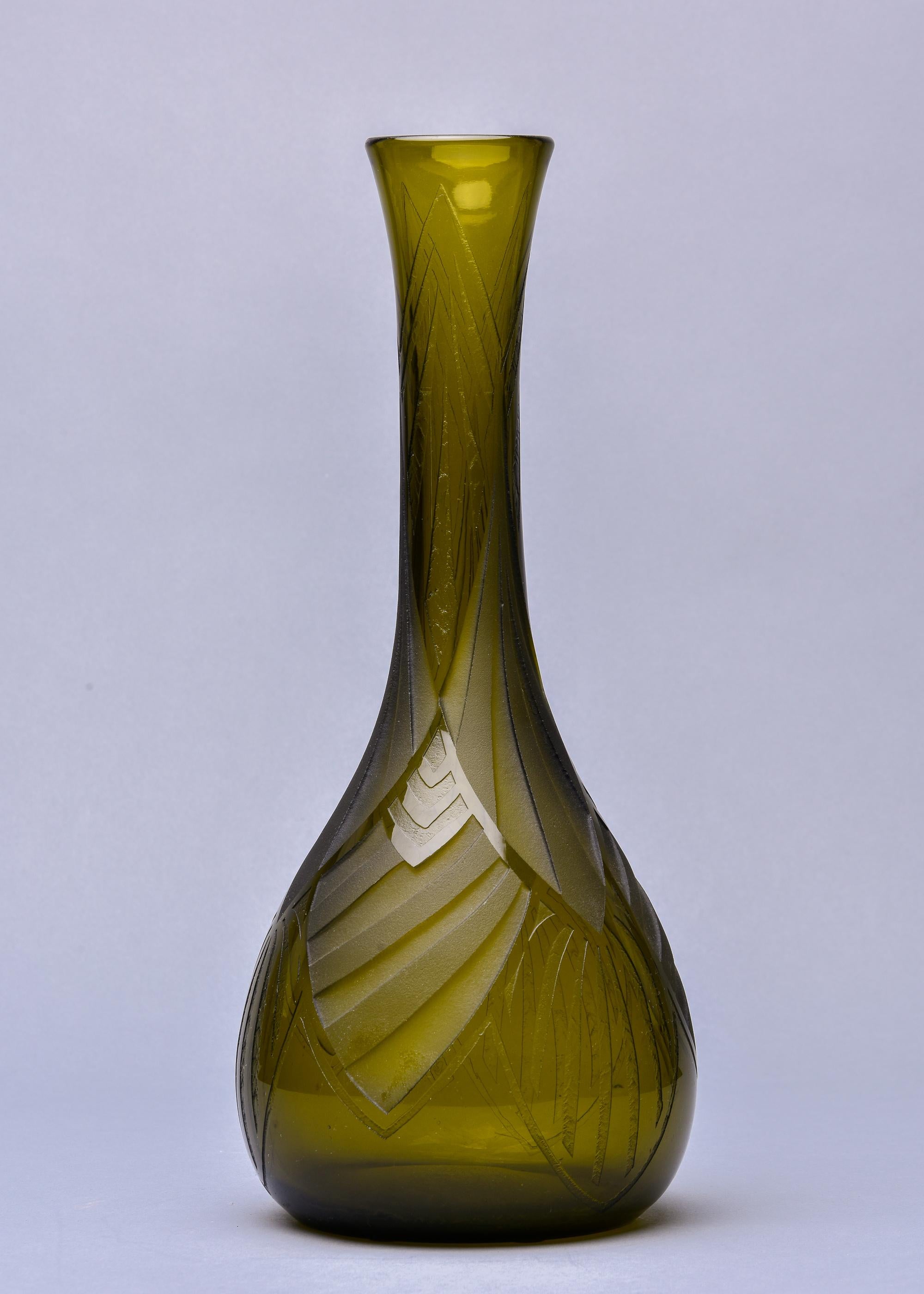 Art Glass Signed Legras Acid Engraved Art Deco Glass Vase For Sale