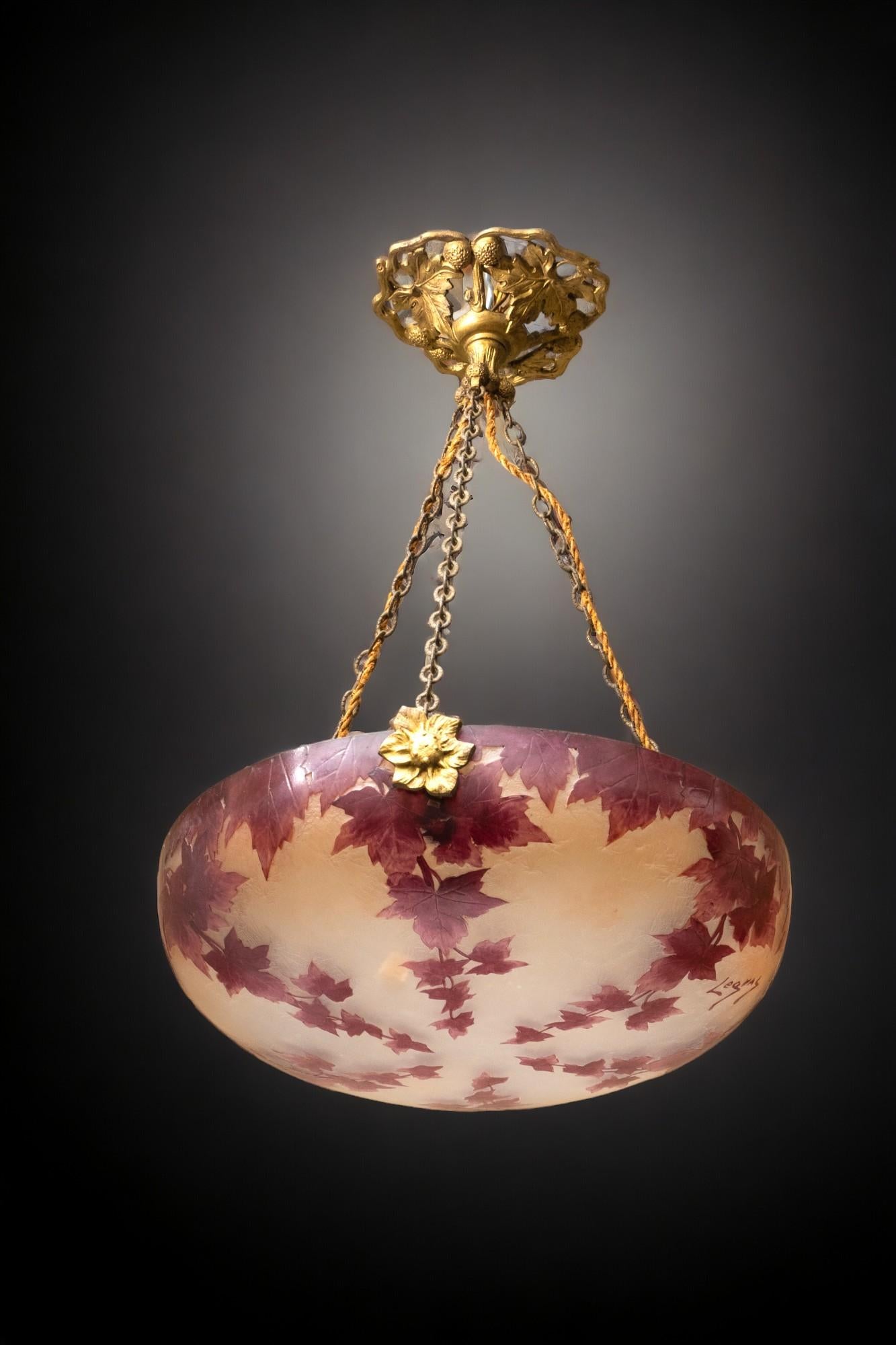 Signed Legras Cameo Art Glass Hanging Ceiling fixture with bronze mountings circa 1920