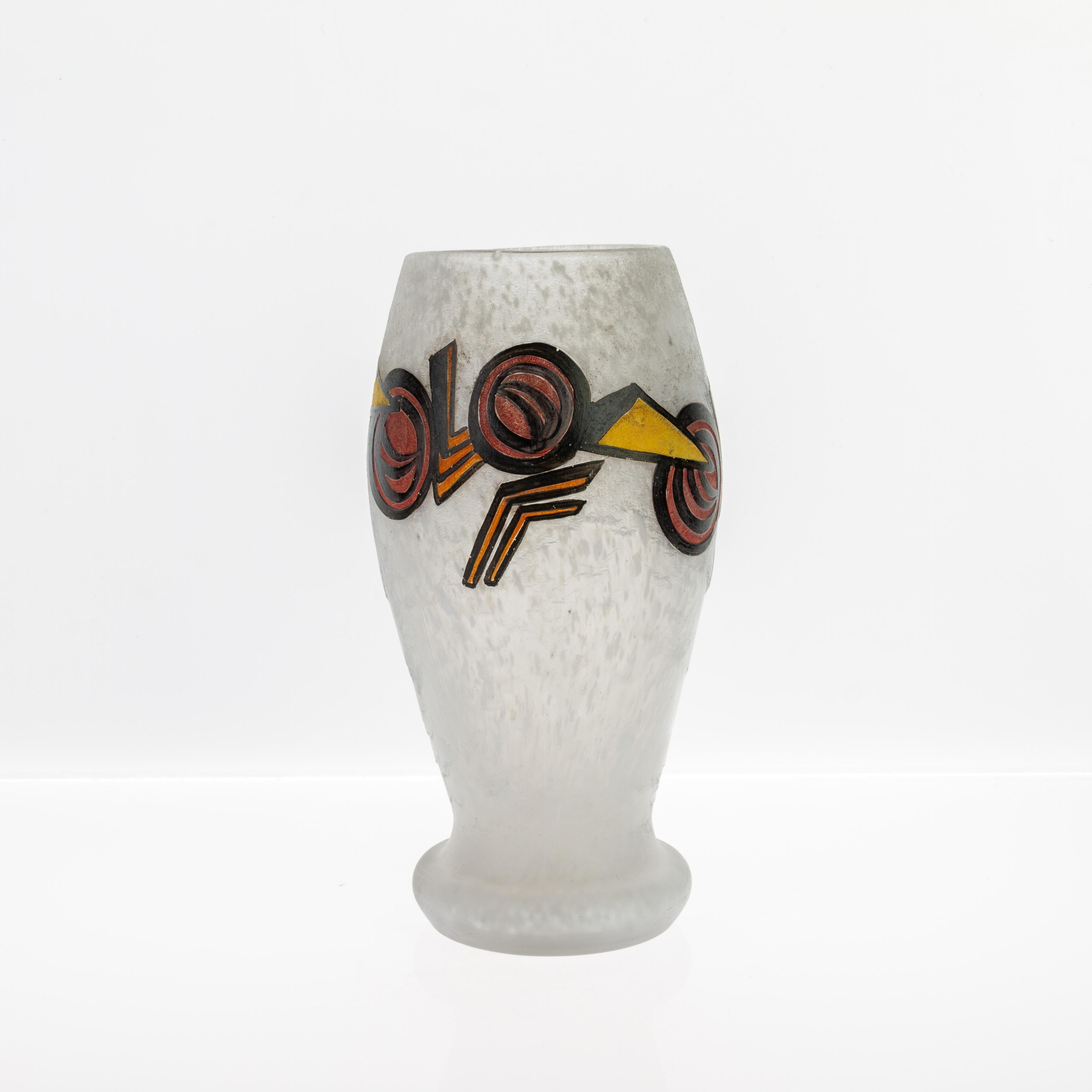 20th Century Signed Legras Frosted Glass French Art Deco Cubist Vase For Sale