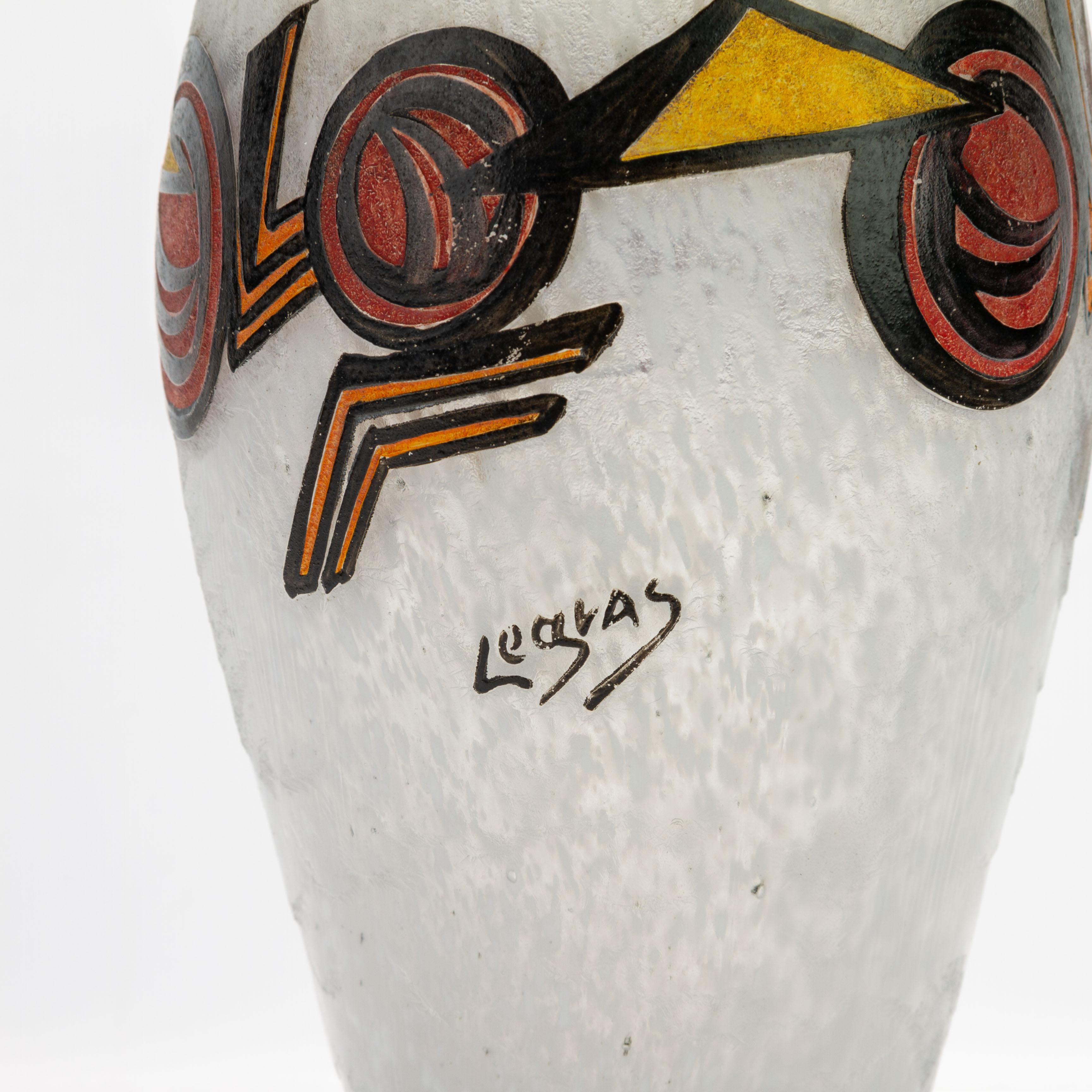 Signed Legras Frosted Glass French Art Deco Cubist Vase For Sale 1