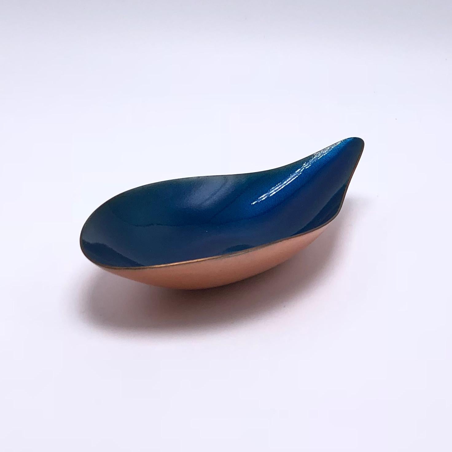 Signed Leon Statham blue enamel on copper bowl, circa 1950.