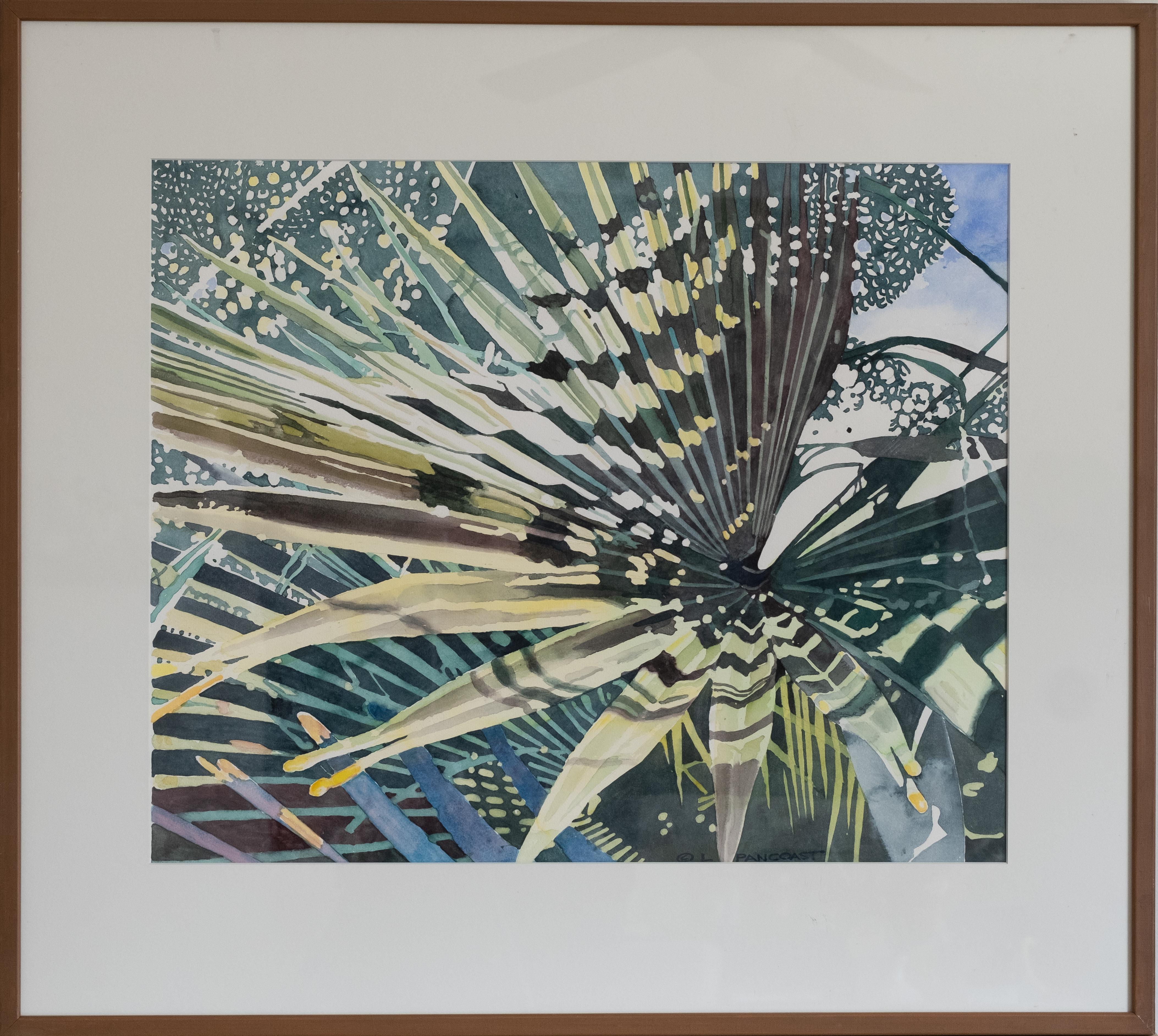 Lester C. Pancoast (American, 1931-2003). 'Rococo', a watercolor depiction of palm leaves. Signed lower right. Gallery label for Garth Davidson Gallery, NJ to verso. Pancoast was well known and respected, as an artist as well as an architect, born