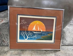 Signed Limited Edition Modern Abstract Japanese Woodblock Print Sunset Sailing
