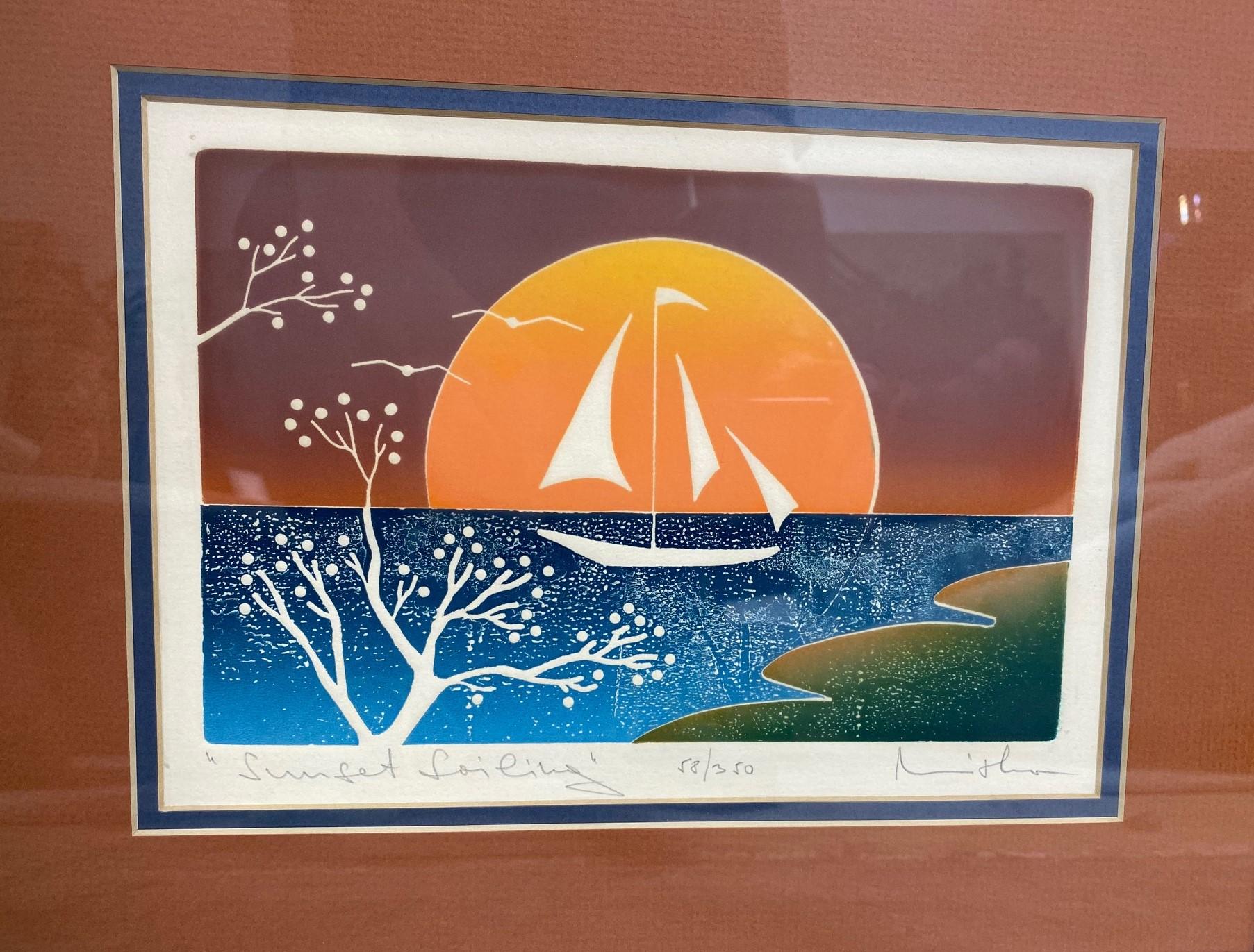 Hand-Crafted Signed Limited Edition Modern Abstract Japanese Woodblock Print Sunset Sailing For Sale