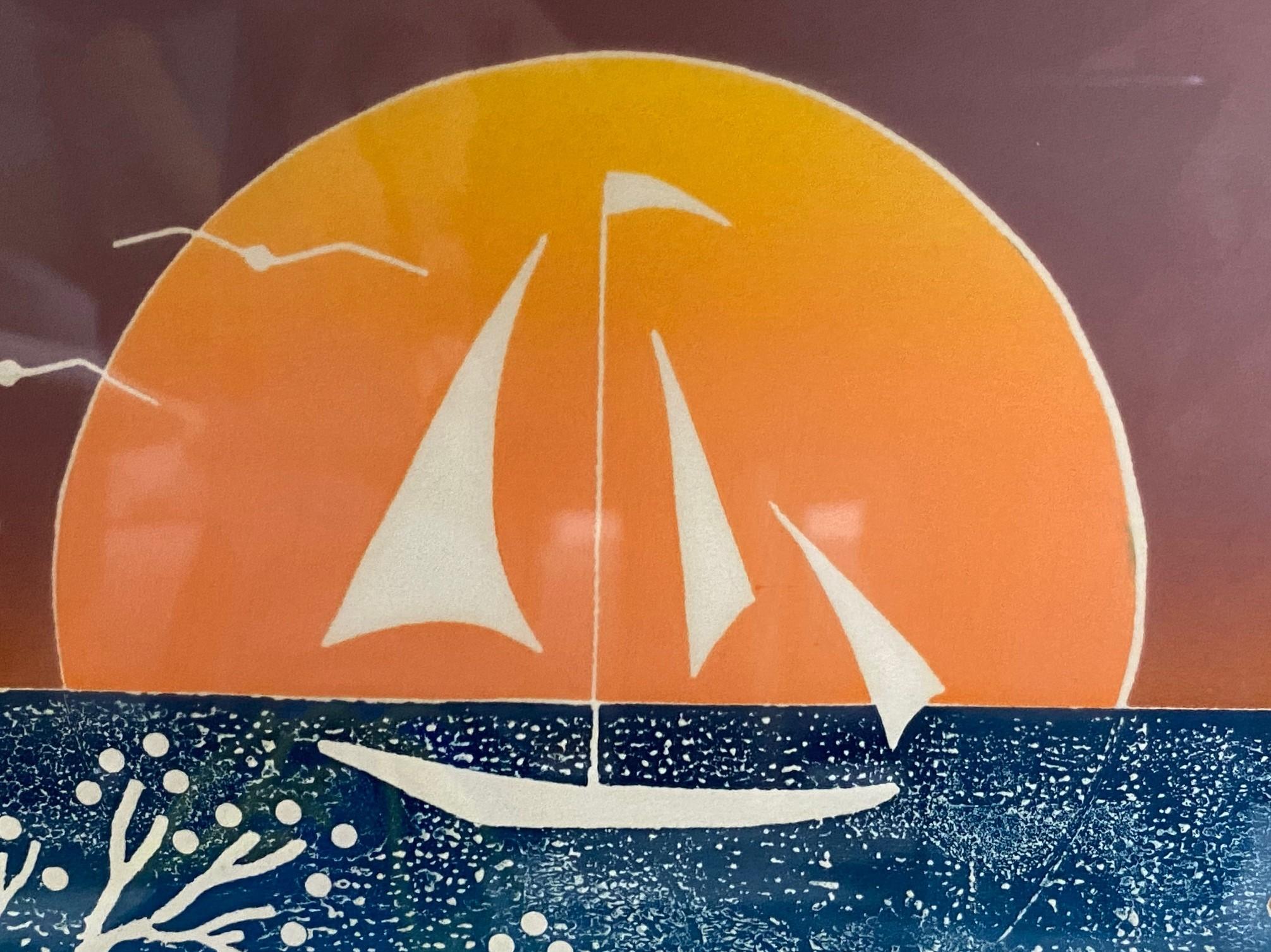 Signed Limited Edition Modern Abstract Japanese Woodblock Print Sunset Sailing In Good Condition For Sale In Studio City, CA