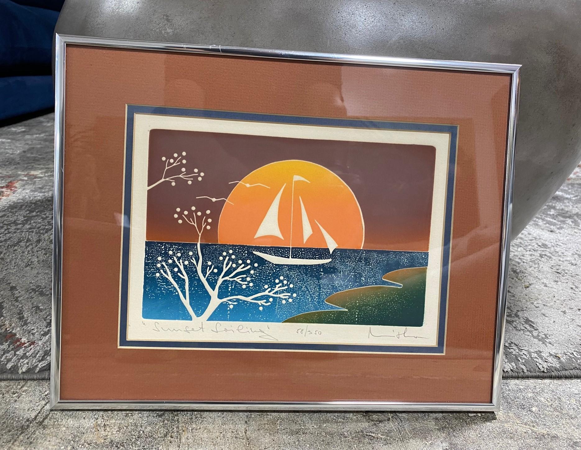 Signed Limited Edition Modern Abstract Japanese Woodblock Print Sunset Sailing For Sale 3