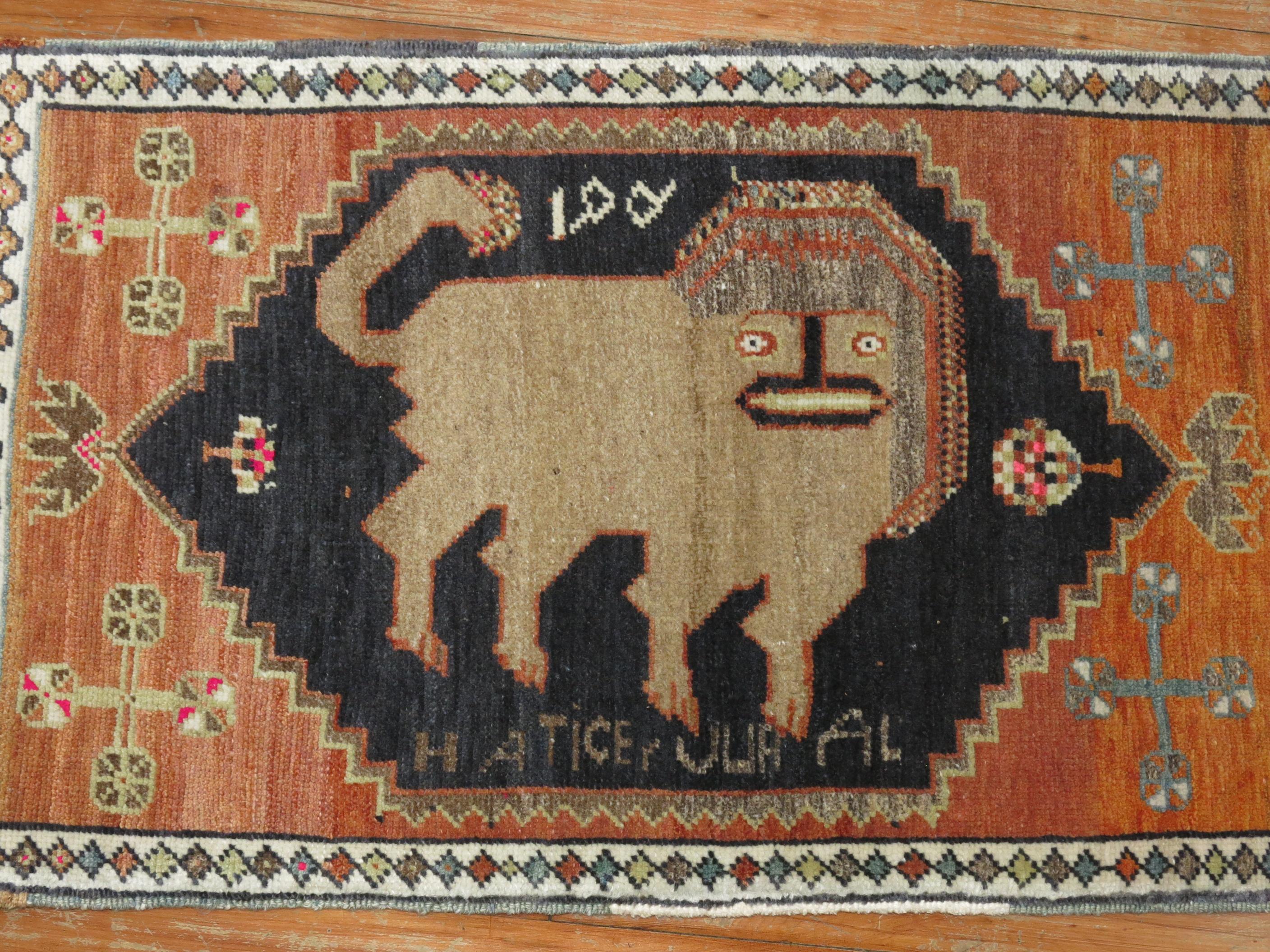 Folk Art Signed Lion Turkish Animal 20th Century Wool Rug