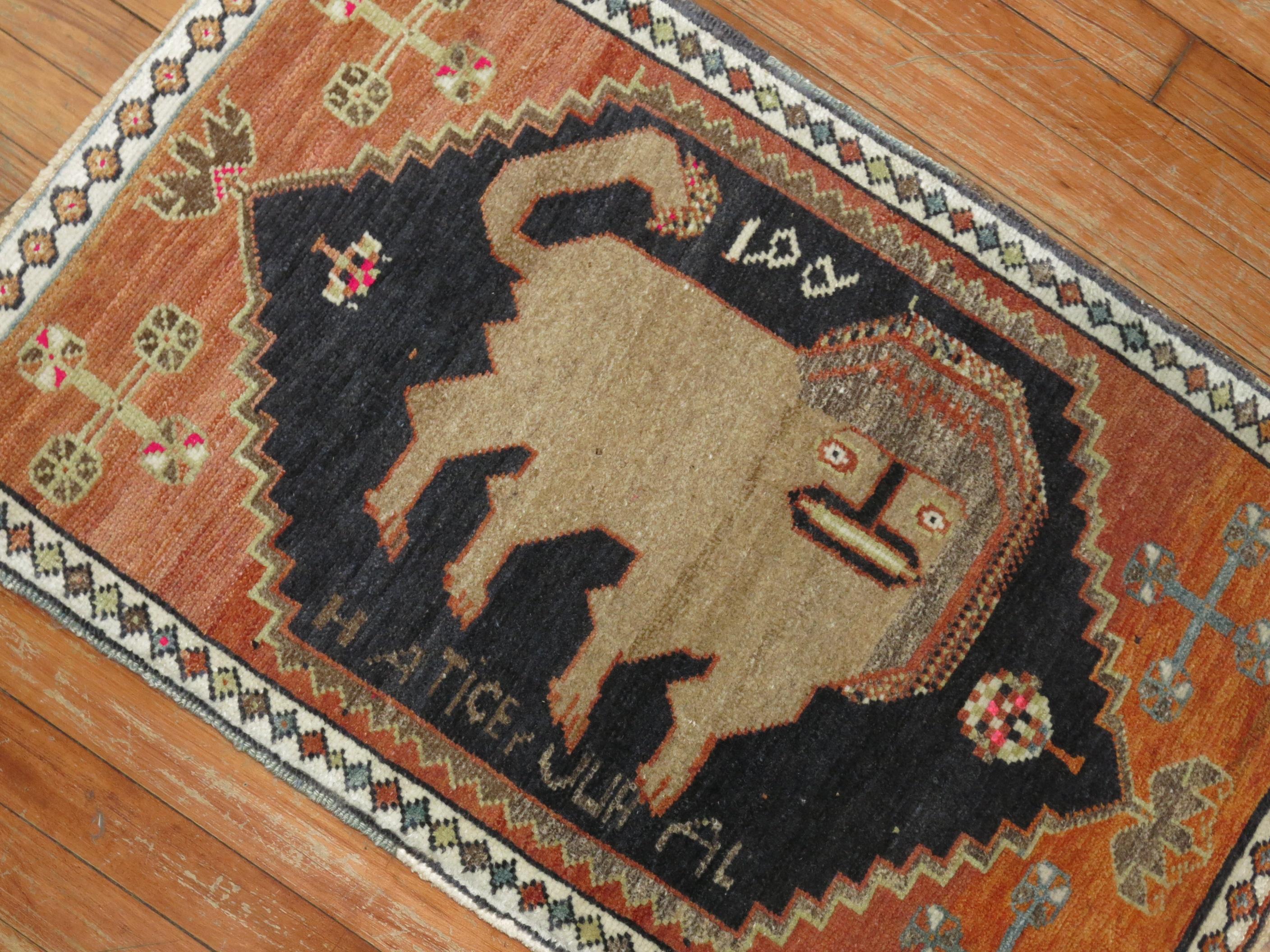 Signed Lion Turkish Animal 20th Century Wool Rug In Excellent Condition In New York, NY