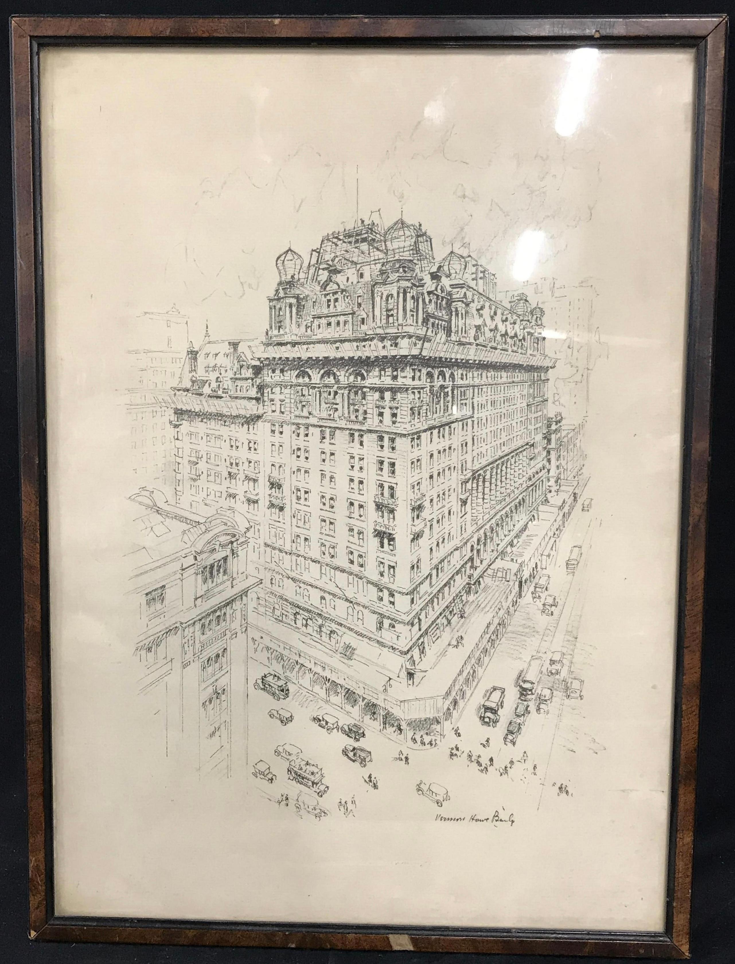 A signed Vernon Howe Bailey Signed lithograph of a building under construction in New York City in the classical style, on heavy weight paper. Vernon Howe Bailey was an American artist. After undertaking art studies, he was a staff member at The