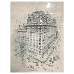 Signierte Lithographie einer Stadtlandschaft, ein Gebäude in New York City