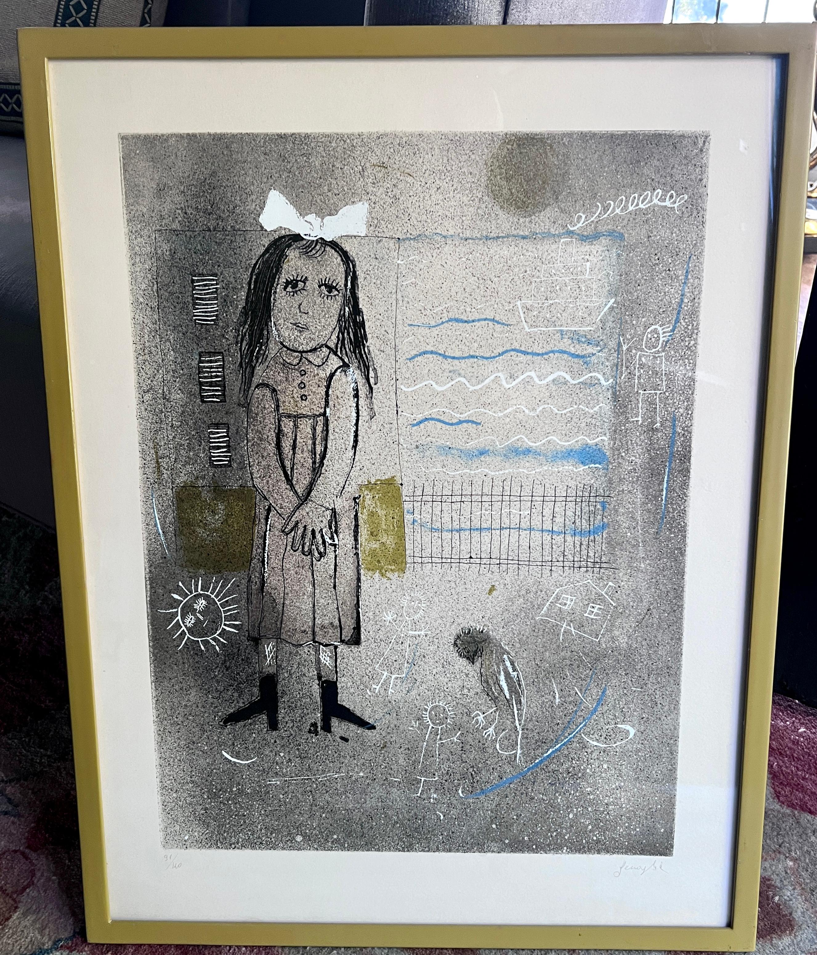 Une lithographie d'une peinture ou d'un pastel unique.  Une femme, une fenêtre ouverte et un oiseau.  

Un peu dans le style de Rodo Boulanger, mais un peu plus intrigant.  L'œuvre s'intègre dans de nombreux espaces, en particulier ceux qui