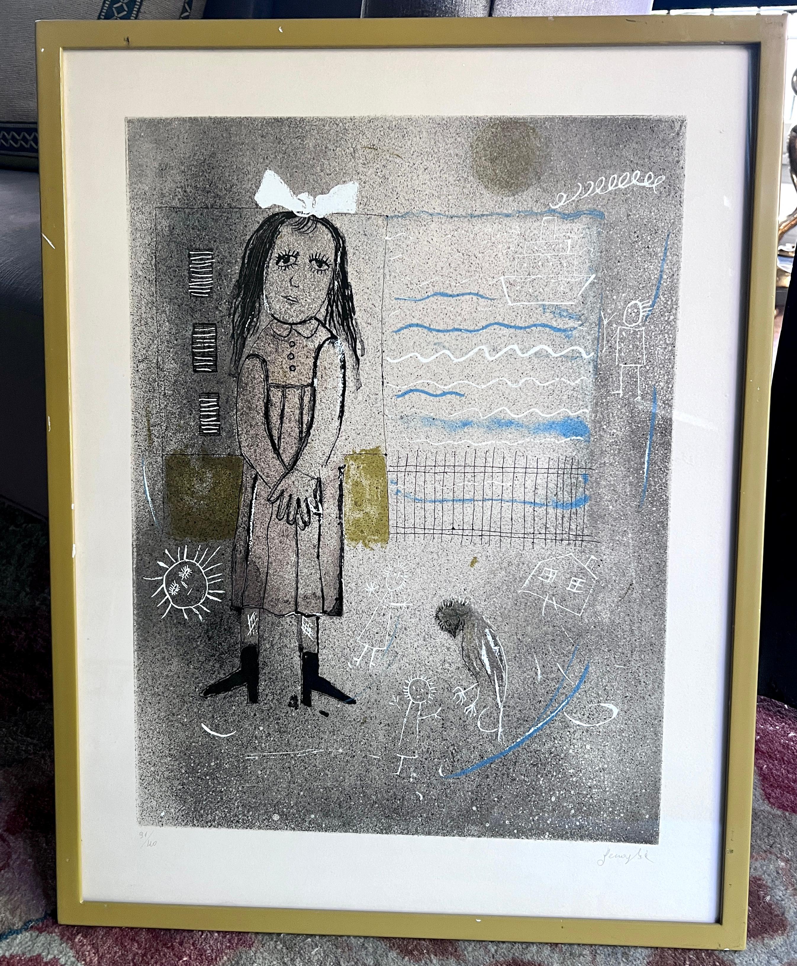 Hand-Crafted Signed Lithograph of a Girl Window and Bird in the Style of Chagall For Sale