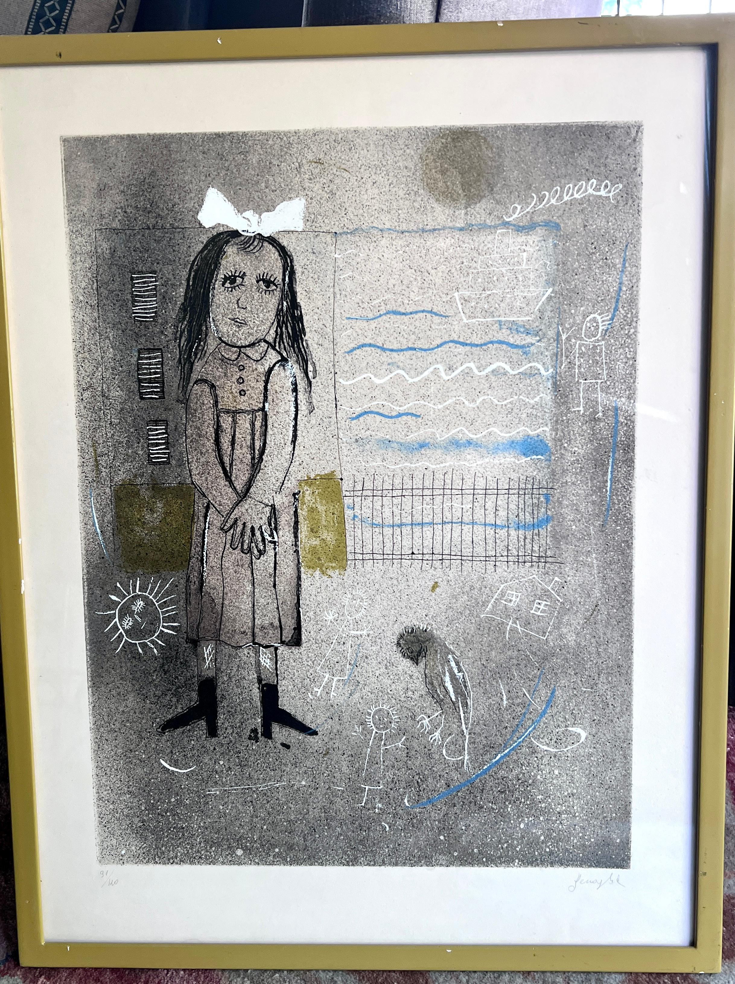 Signed Lithograph of a Girl Window and Bird in the Style of Chagall In Good Condition For Sale In Los Angeles, CA
