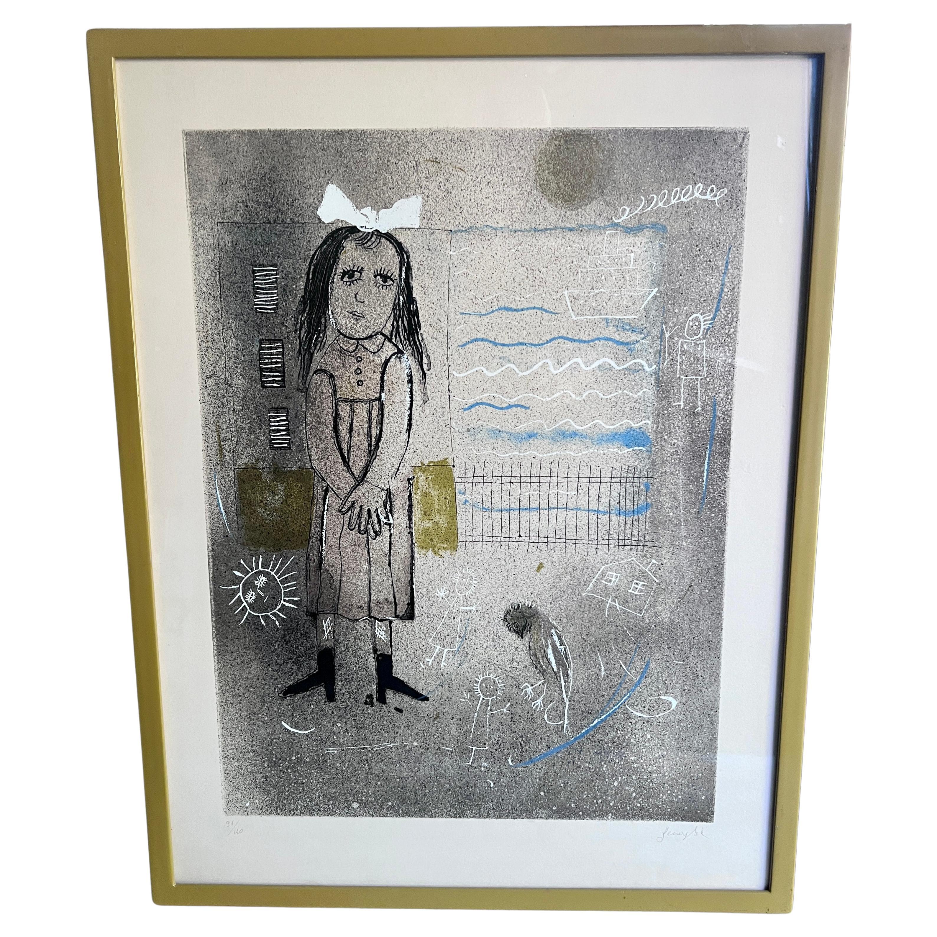 Signed Lithograph of a Girl Window and Bird in the Style of Chagall For Sale
