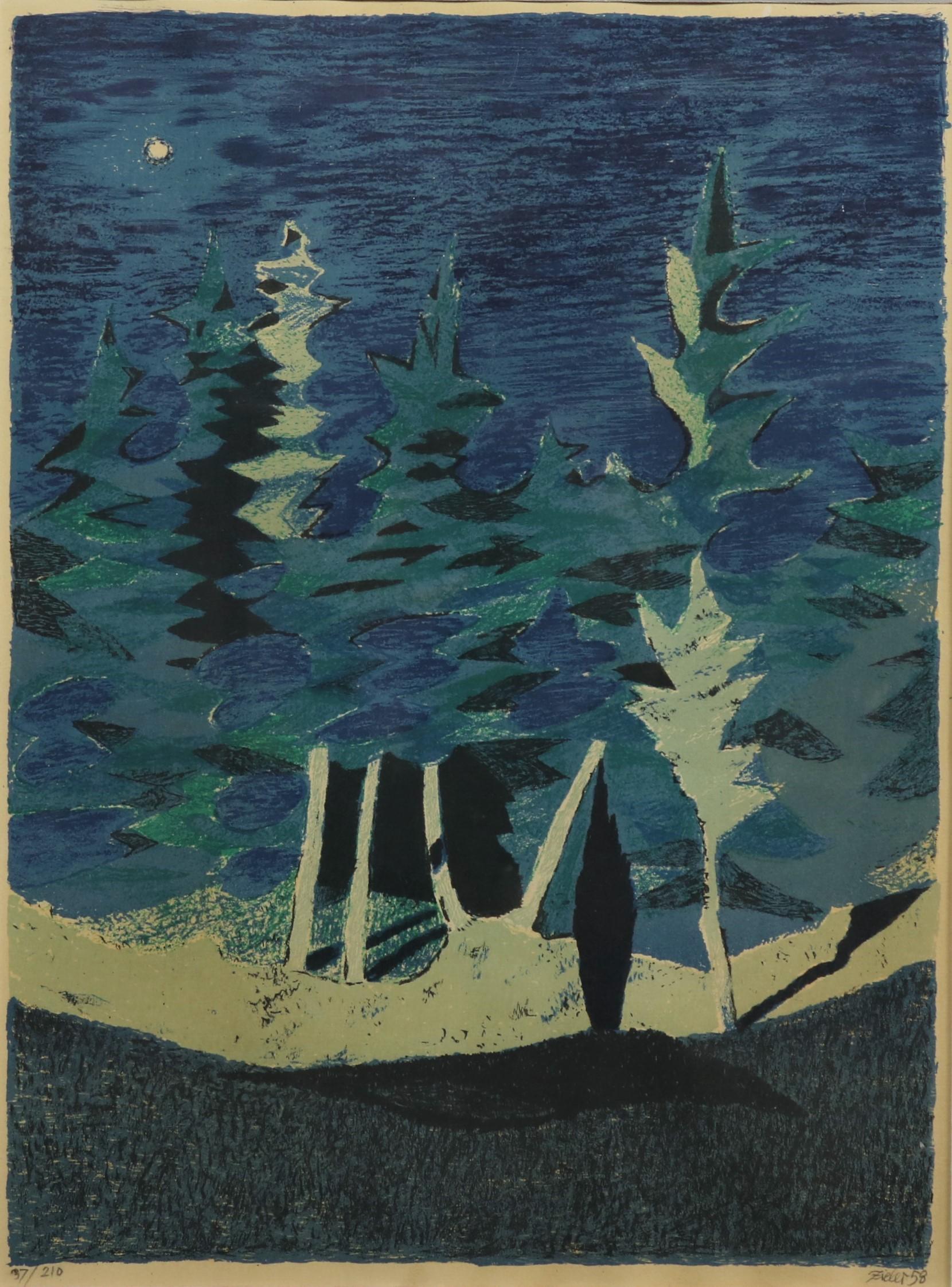 Charming framed litographic print by Danish artist Mogens Zieler. The poetic motif is a Scandinavian forest at night time in blue tones. Hand signed and numbered. 1958. The litography is framed in a beautiful vintage frame in silver colored wood.