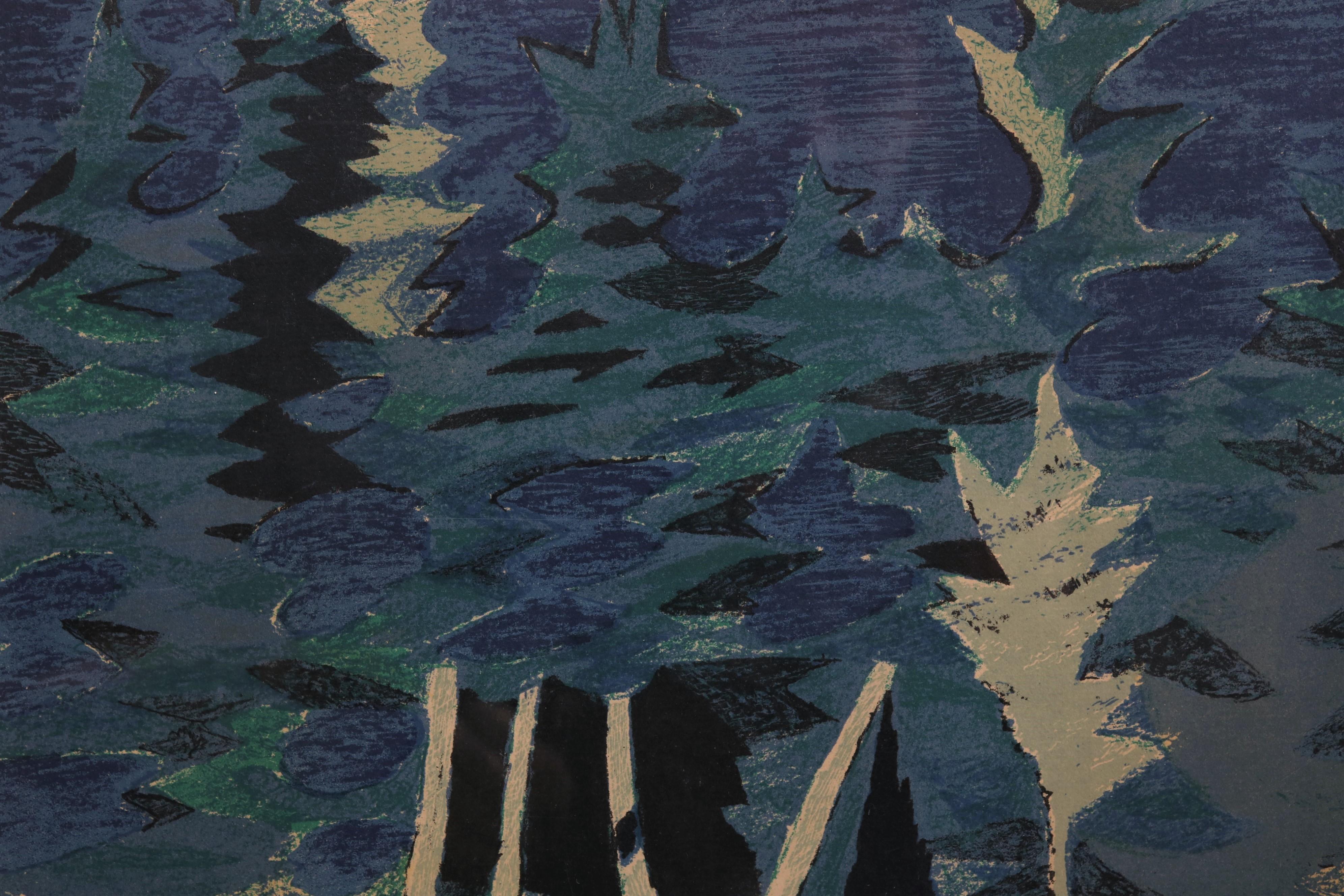Scandinavian Modern Signed Litography in Blue Colours by Danish Artist Mogens Ziehler, 1958