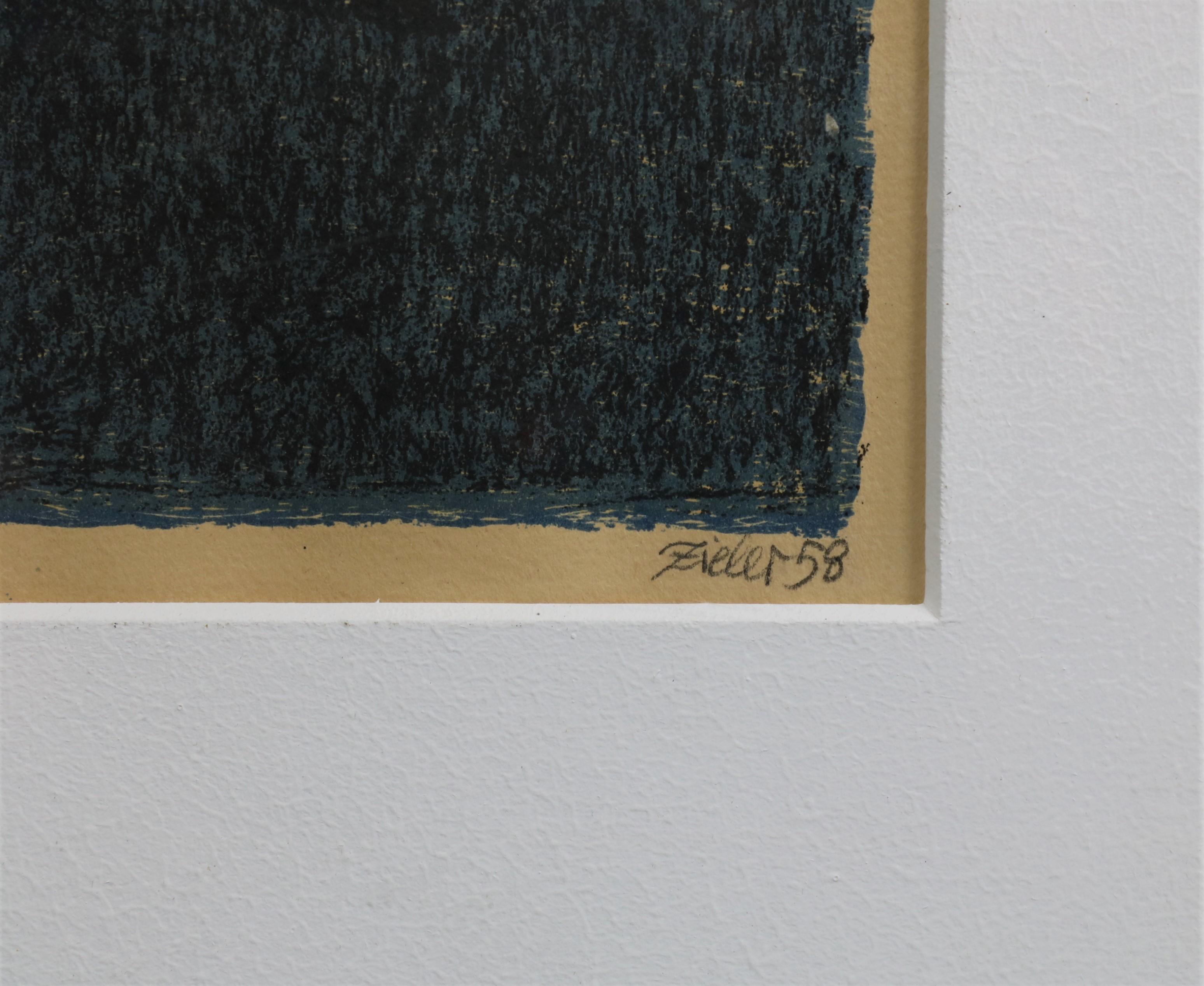 Signed Litography in Blue Colours by Danish Artist Mogens Ziehler, 1958 In Good Condition In Odense, DK