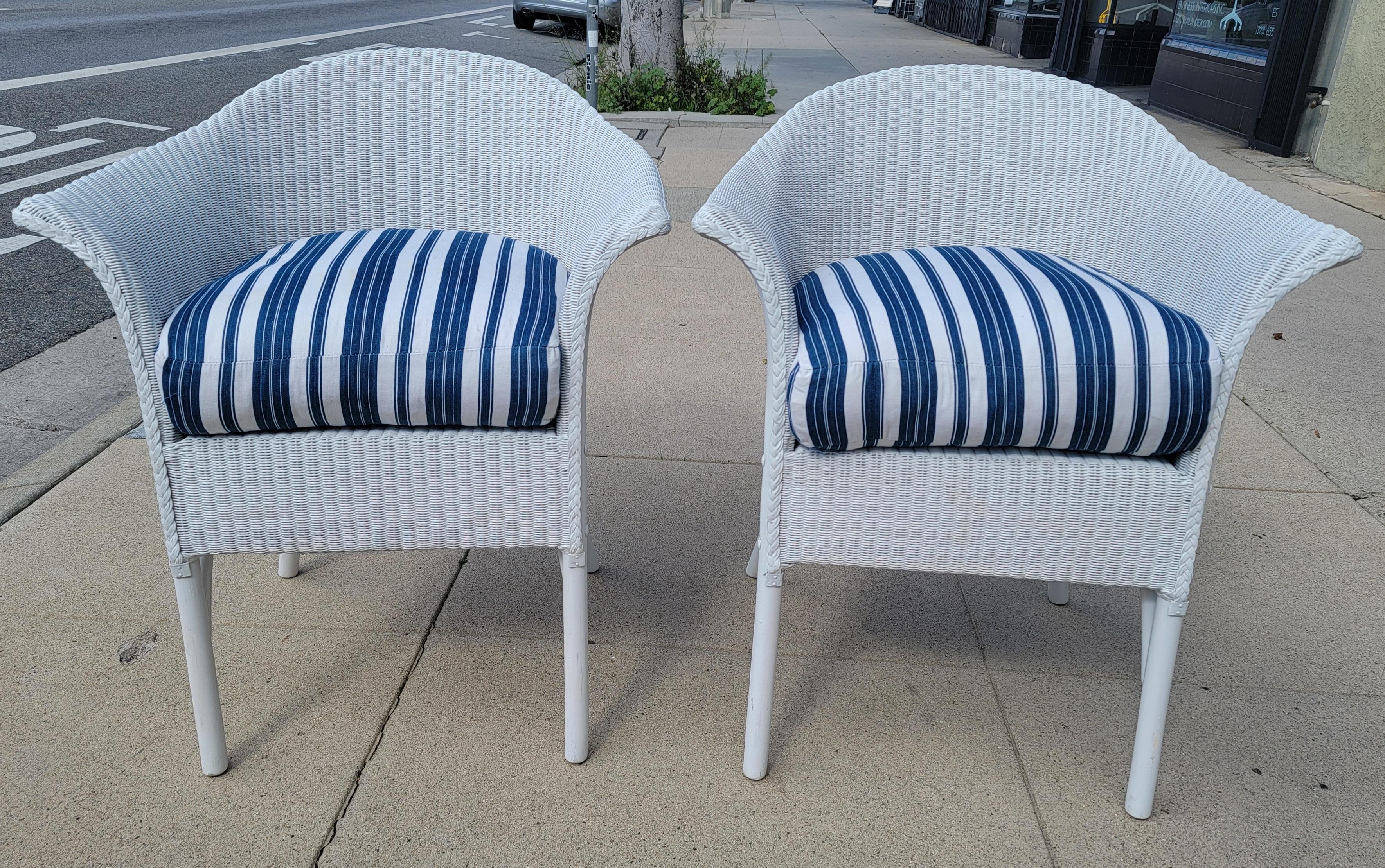 American Classical Signed Lloyd Loom White Wicker Chairs W/ Antique Ticking Cushions For Sale