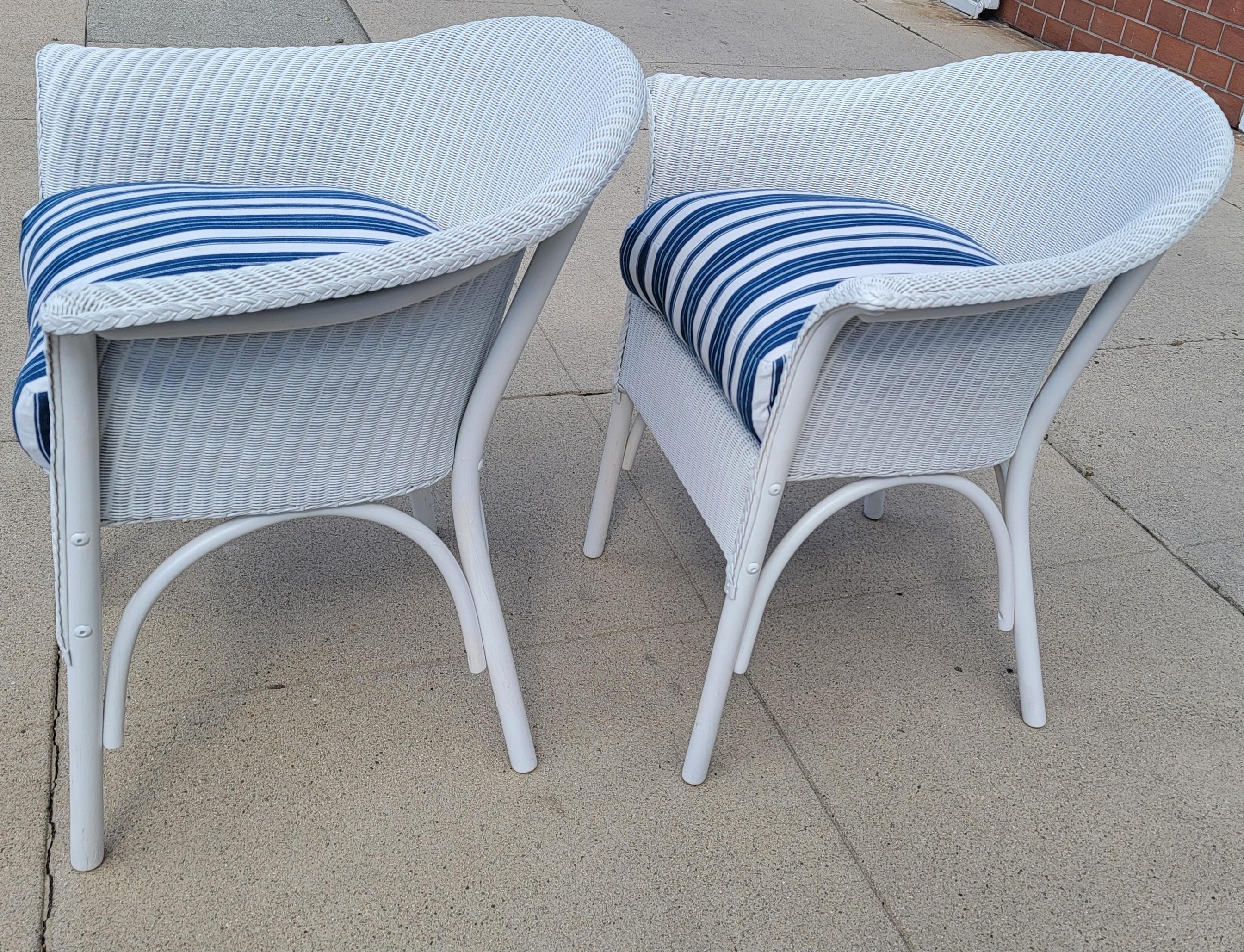 Hand-Crafted Signed Lloyd Loom White Wicker Chairs W/ Antique Ticking Cushions For Sale