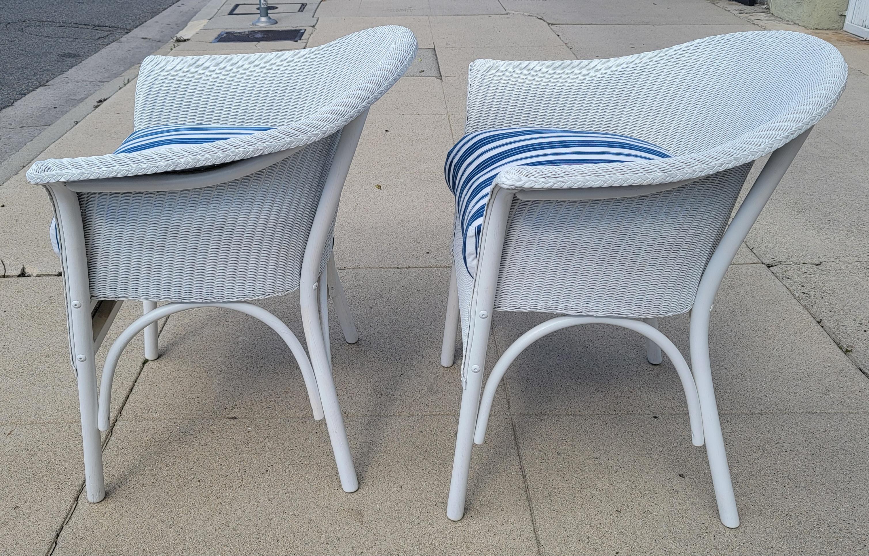 Signed Lloyd Loom White Wicker Chairs W/ Antique Ticking Cushions In Good Condition For Sale In Los Angeles, CA