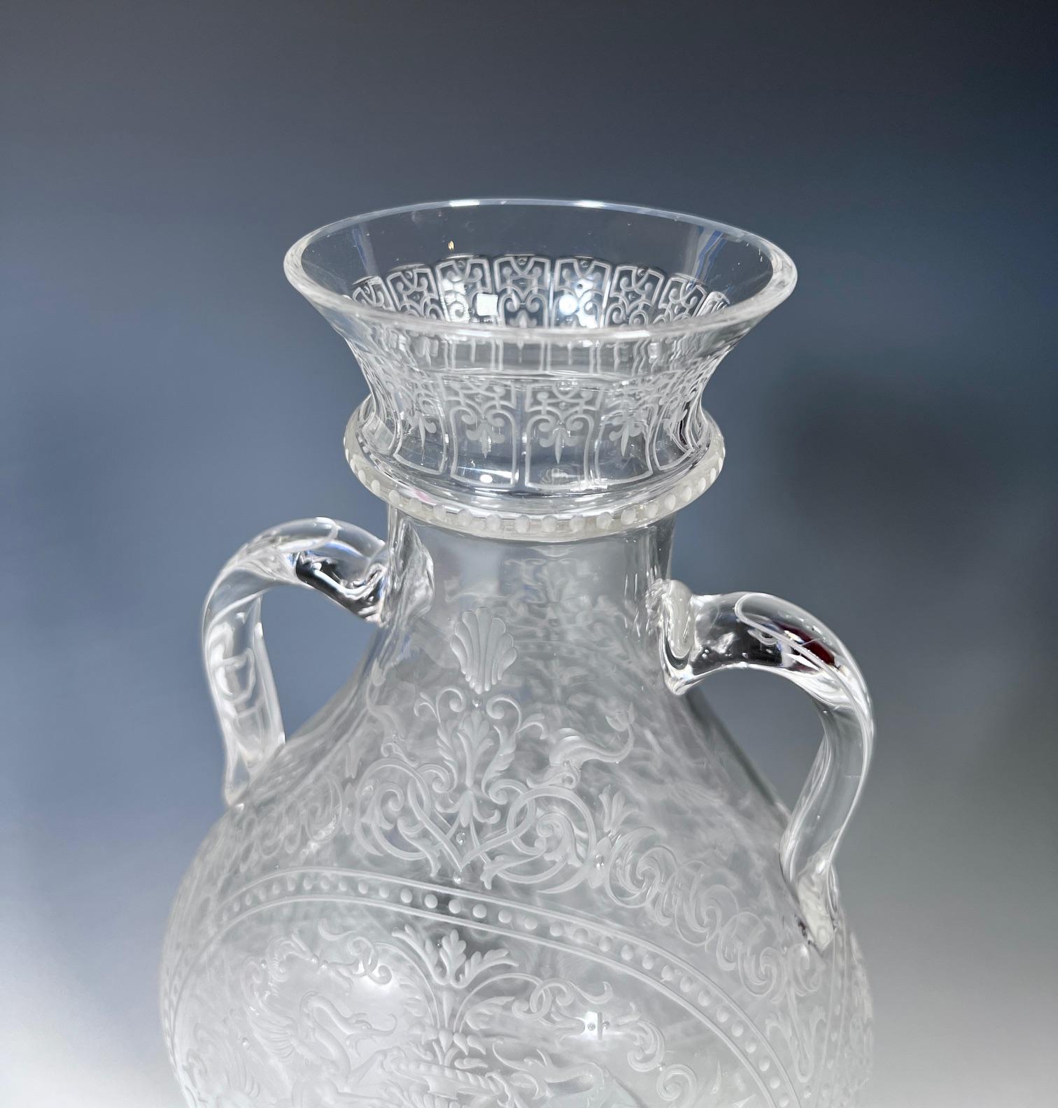 Belle Époque Signed Lobmeyr 19th C Hand Blown Crystal Vase W Handles & Intricate Engraving For Sale