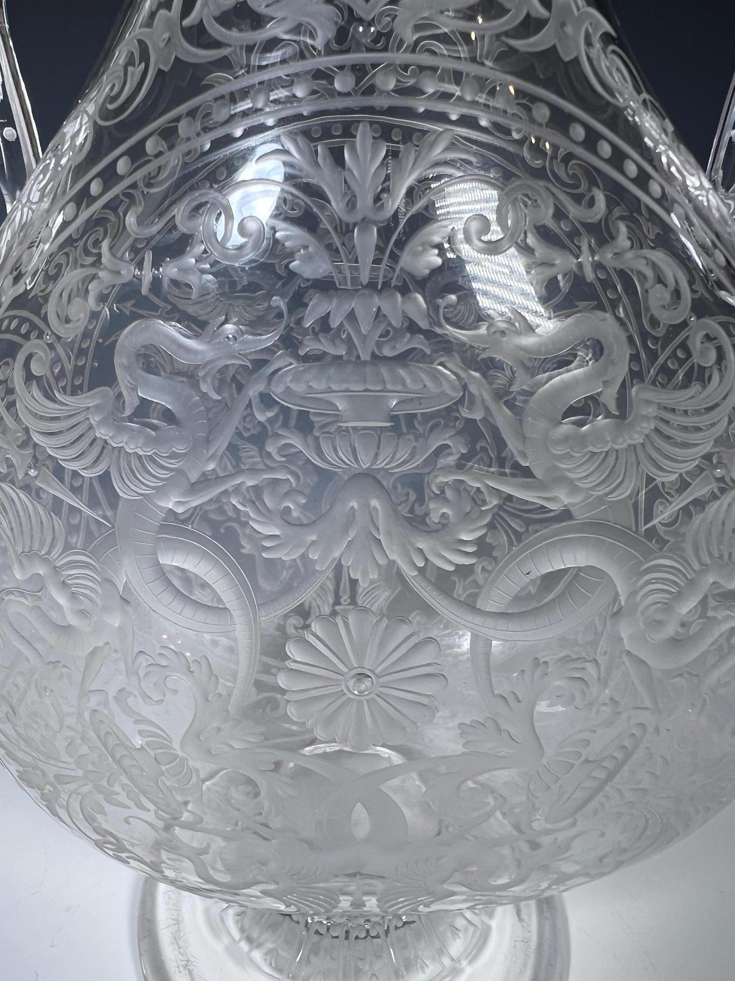 Austrian Signed Lobmeyr 19th C Hand Blown Crystal Vase W Handles & Intricate Engraving For Sale