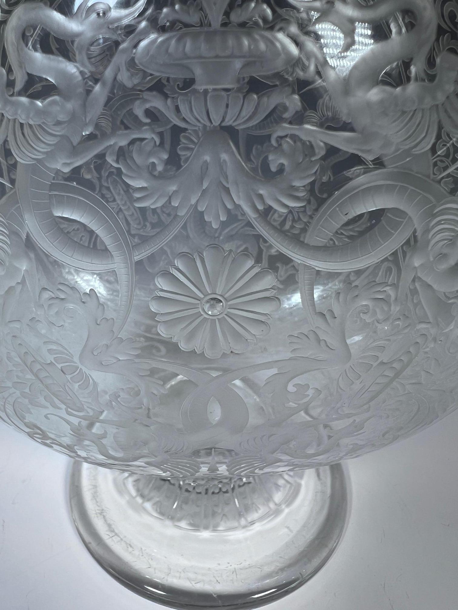 Engraved Signed Lobmeyr 19th C Hand Blown Crystal Vase W Handles & Intricate Engraving For Sale