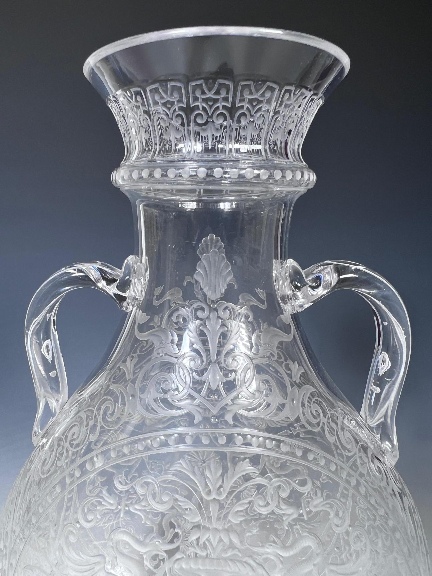 Late 19th Century Signed Lobmeyr 19th C Hand Blown Crystal Vase W Handles & Intricate Engraving For Sale