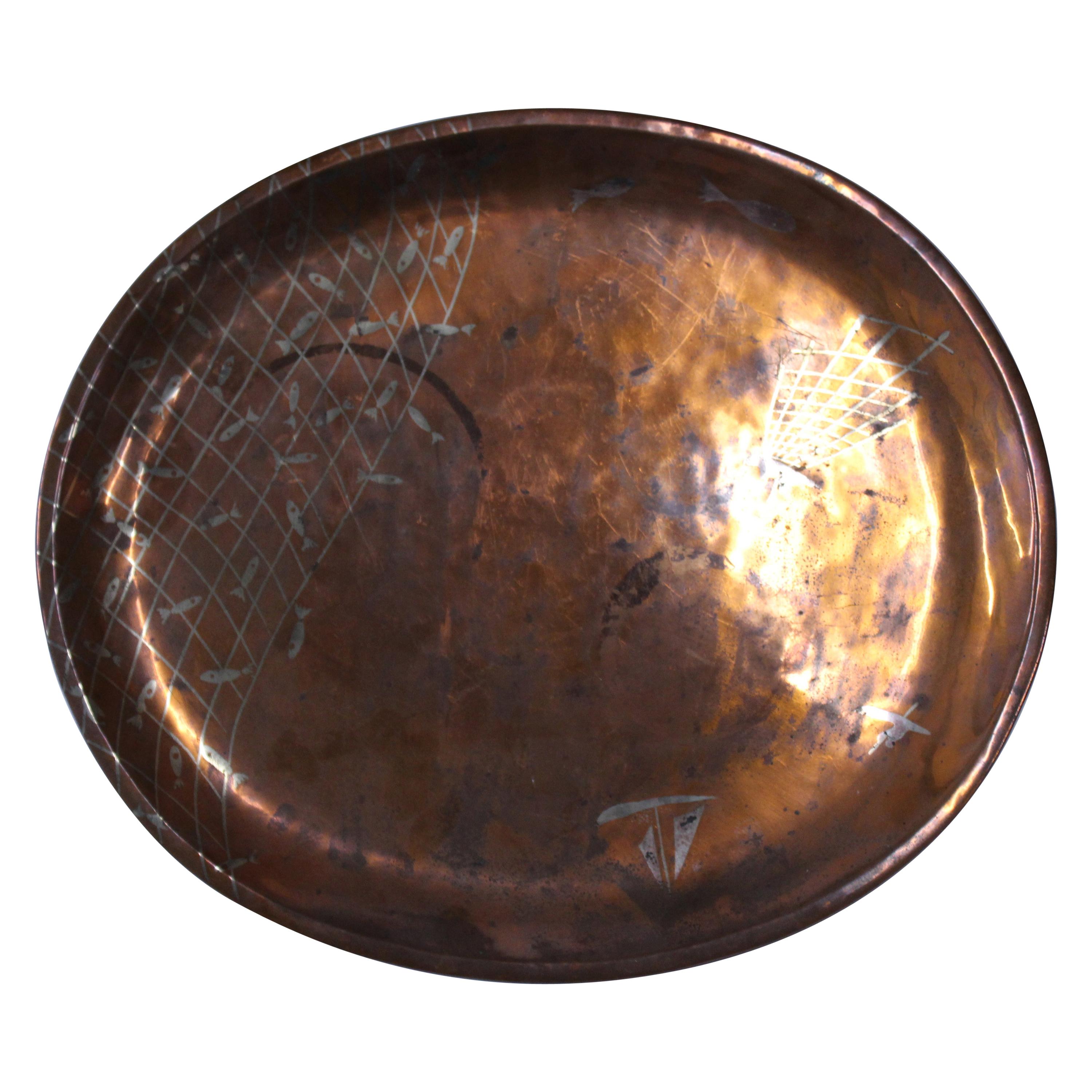 Signed Los Castillo Copper Mid-Century Serving Platter For Sale