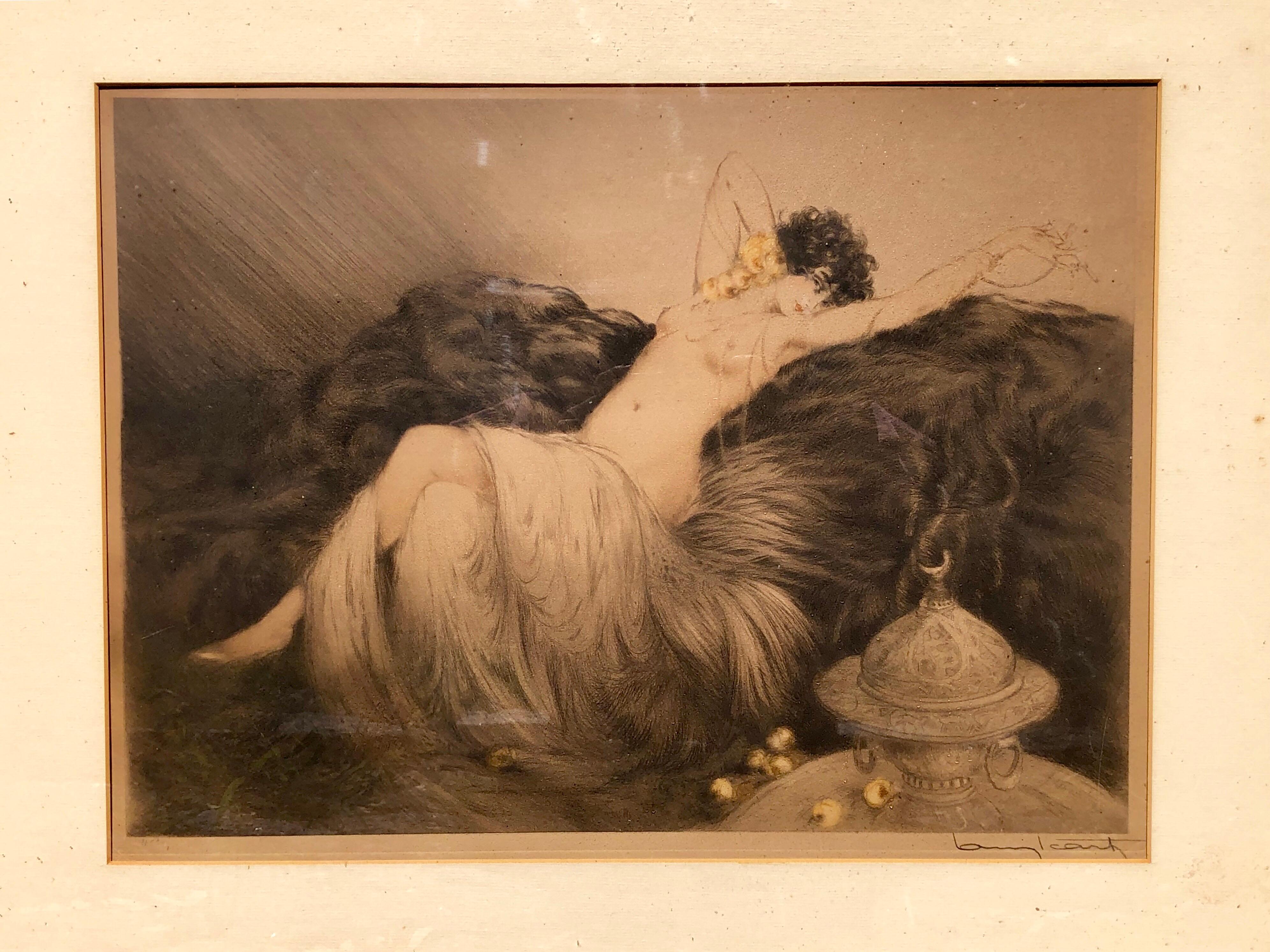 Louis Icart (1888-1950) 
'smoke' (Fumée), 1926 

Etching and aquatint, printed with color and with hand color, signed Louis Icart, Windmill stamp, Ep d'a in pencil, mounted framed and glazed.

Measures: Plate 14.75 in. (37.5 cm.) x 20.125 in. (51