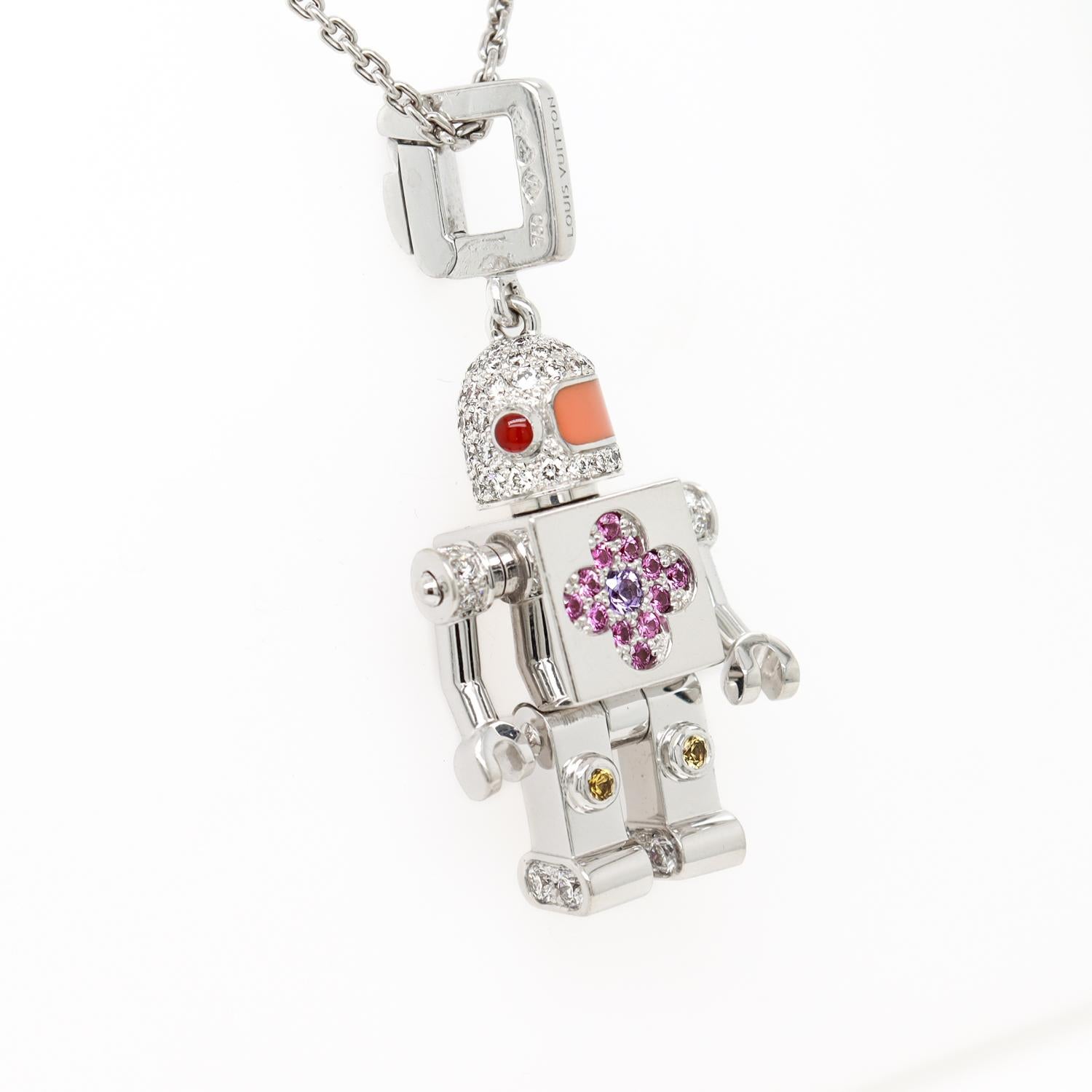 Taille brillant Louis Vuitton, collier pendentif Spaceman Robot en or blanc 18 carats et pierres précieuses en vente