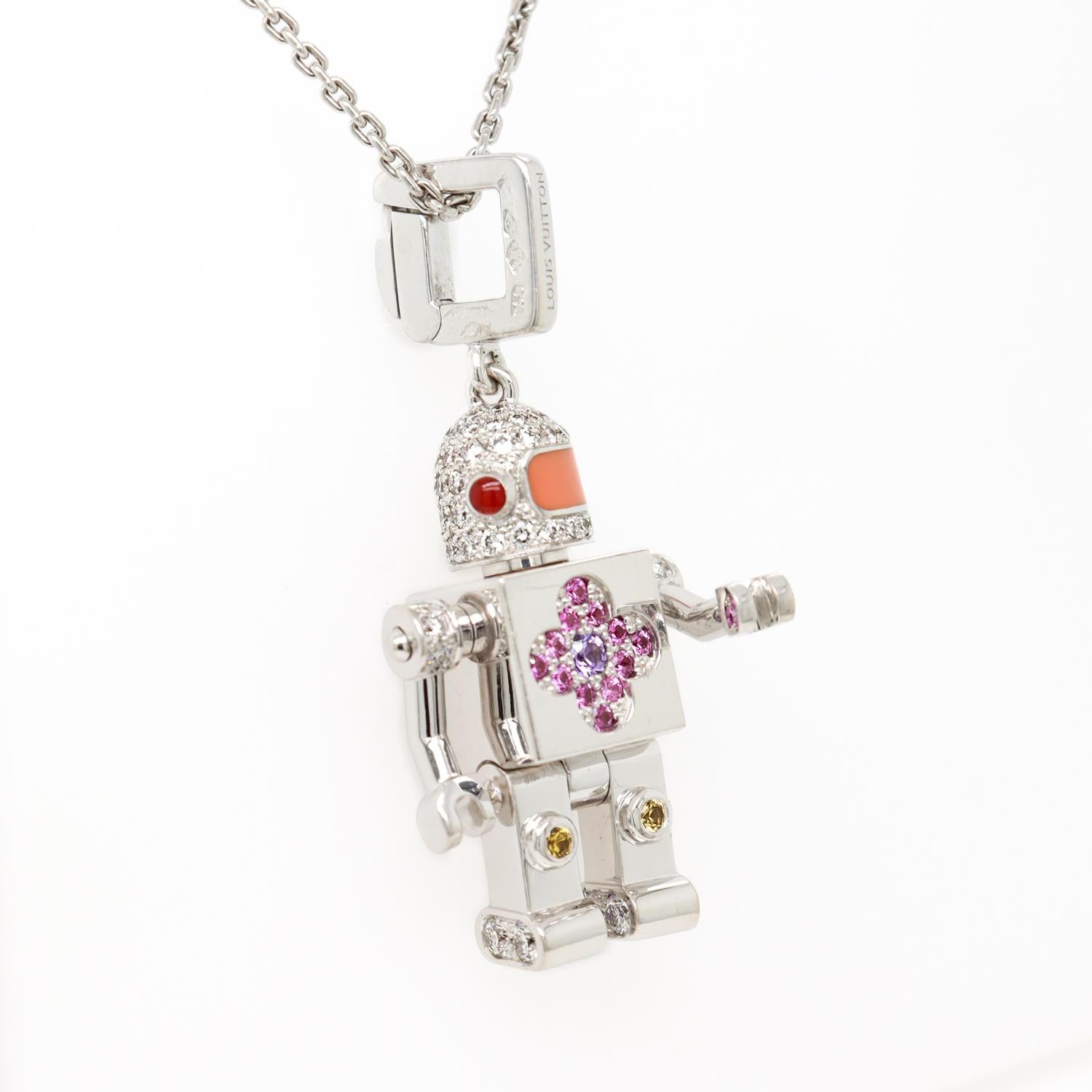 Louis Vuitton, collier pendentif Spaceman Robot en or blanc 18 carats et pierres précieuses en vente 1