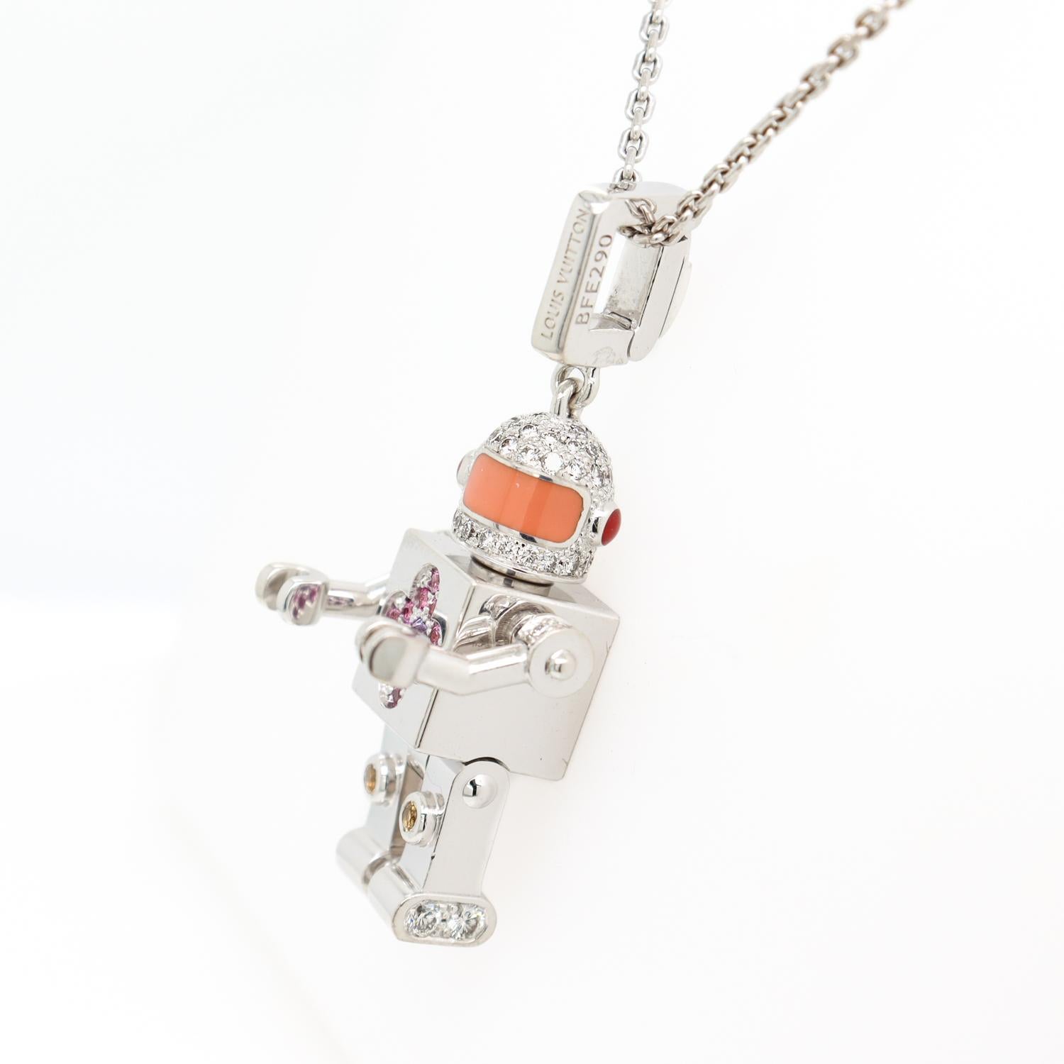 Louis Vuitton, collier pendentif Spaceman Robot en or blanc 18 carats et pierres précieuses en vente 2