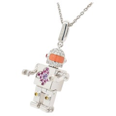 Signed Louis Vuitton 18K White Gold & Gemstone Spaceman Robot Pendant Necklace
