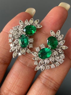 Signed Loupe Clean Emerald and Diamond Earrings in 18K White Gold