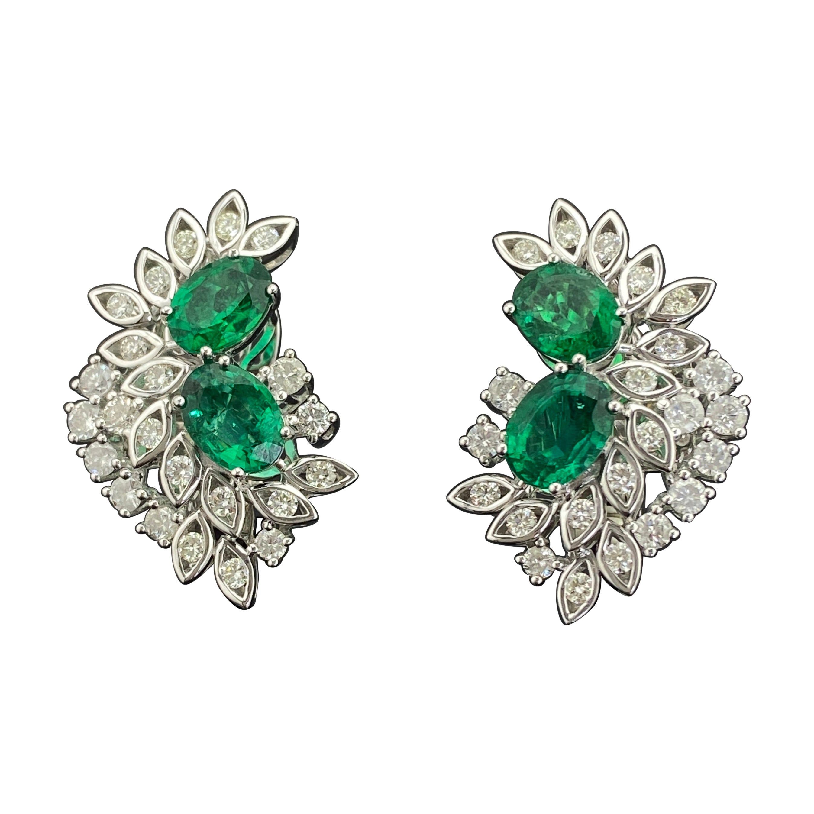 Certified Signed Loupe Clean Emerald and Diamond Earrings in 18K White Gold For Sale