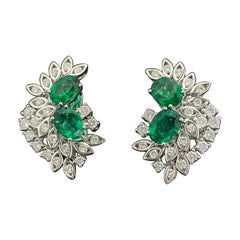 Signed Loupe Clean Emerald and Diamond Earrings in 18K White Gold