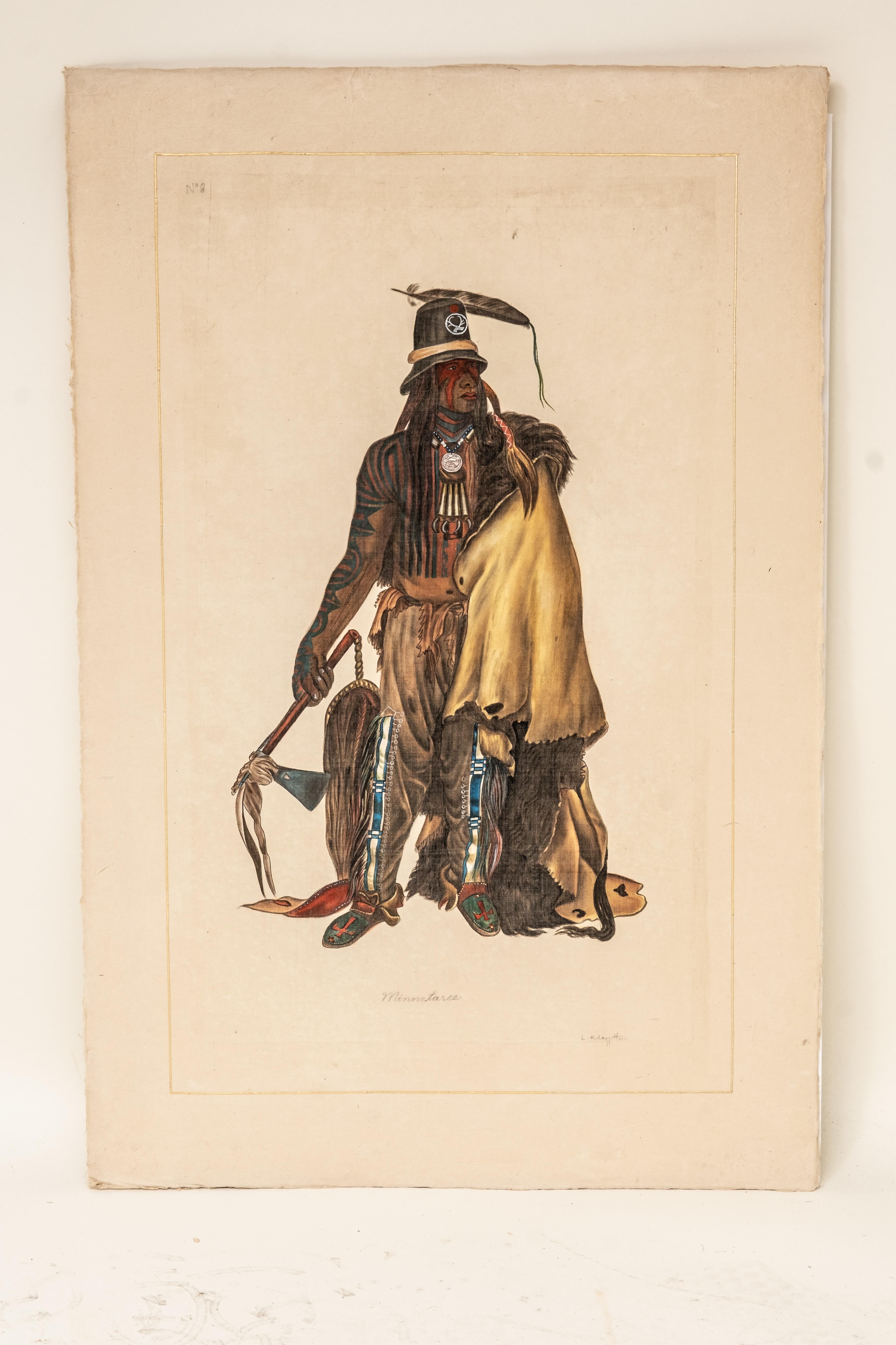 Signed L.R Laffitte Watercolor of a Cree Native American on silk mounted on laid paper, Signed in pencil at the bottom. The Cree are indigenous people originally living in Manitoba, Canada. However, one branch later moved southwest to adopt a
