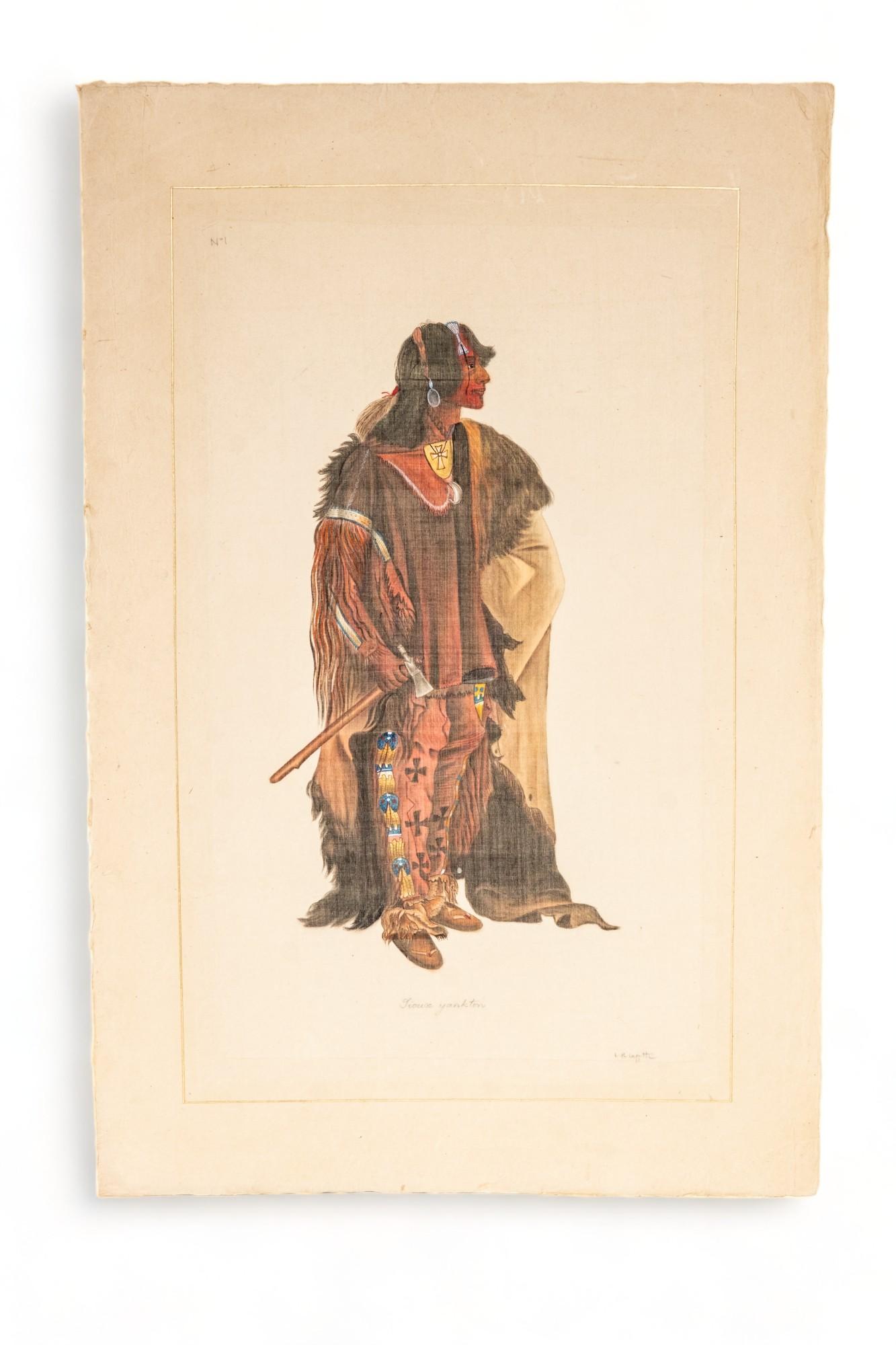 Signed L.R Laffitte Watercolor of Yankton Sioux on silk mounted on laid paper, Signed at the bottom in pencil. According to local legend, when Meriwether Lewis learned that a male child had been born near the expedition's encampment in what is today